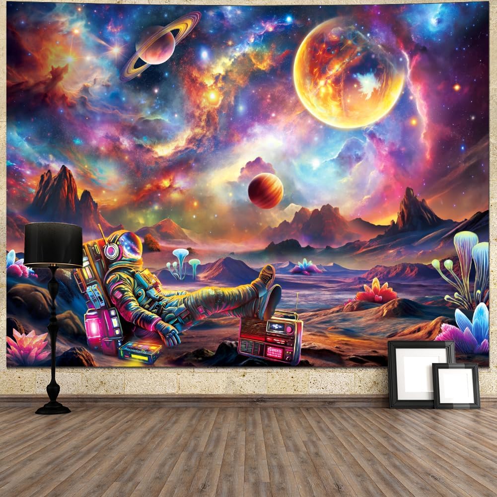 Ameyahud Blacklight Astronaut Tapestry UV Reactive Galaxy Space Tapestry Glow in The Dark Trippy Universe Planet Tapestries Neon Starry Sky Wall Hanging Decor for Home