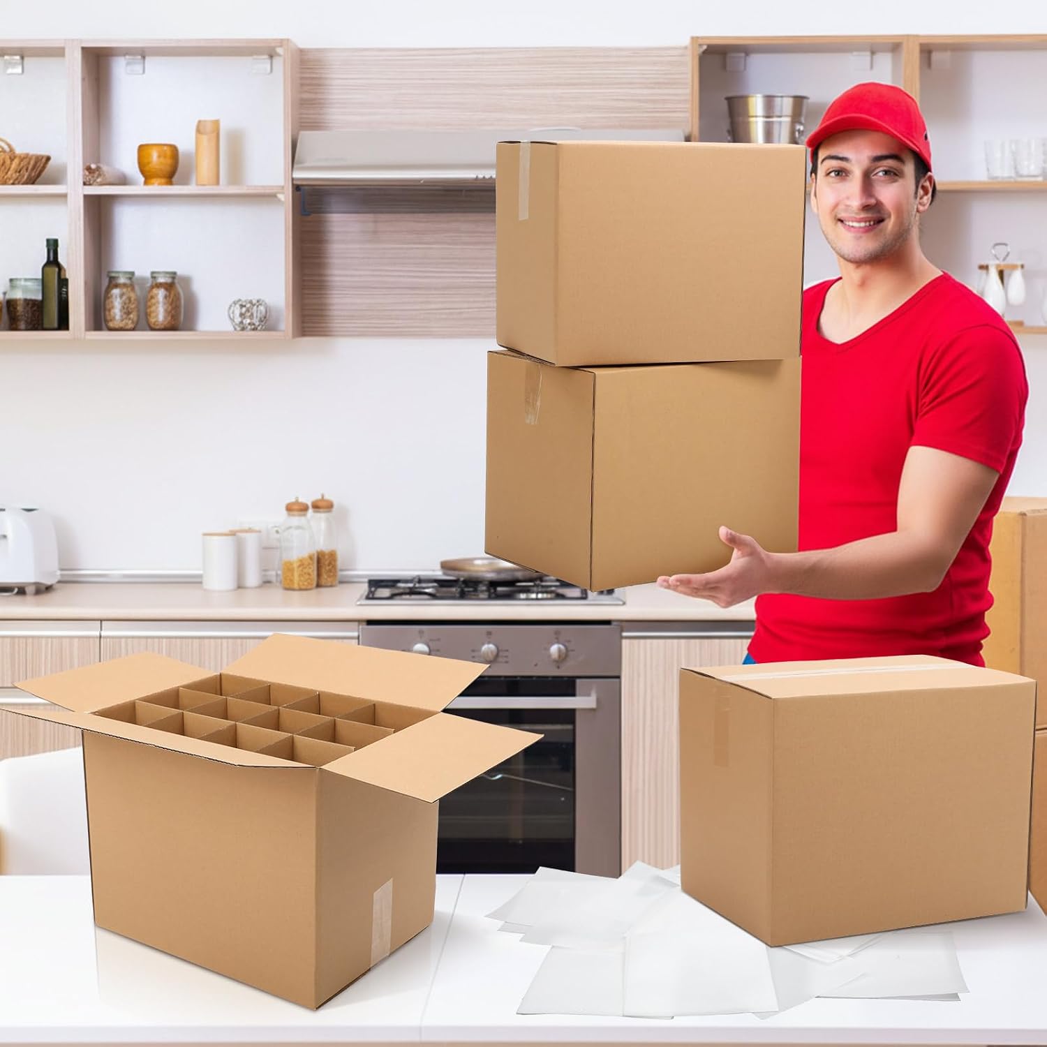 Tatuo 8 Set Kitchen Moving Boxes with 2-layer Cardboard Divider Kits 16 x 12 x 13 Inch Glassware Dish Packing Boxes Kits for Shipping with 200 Pcs Foam Pouches 2 Pcs Tape Rolls with 1 Dispenser