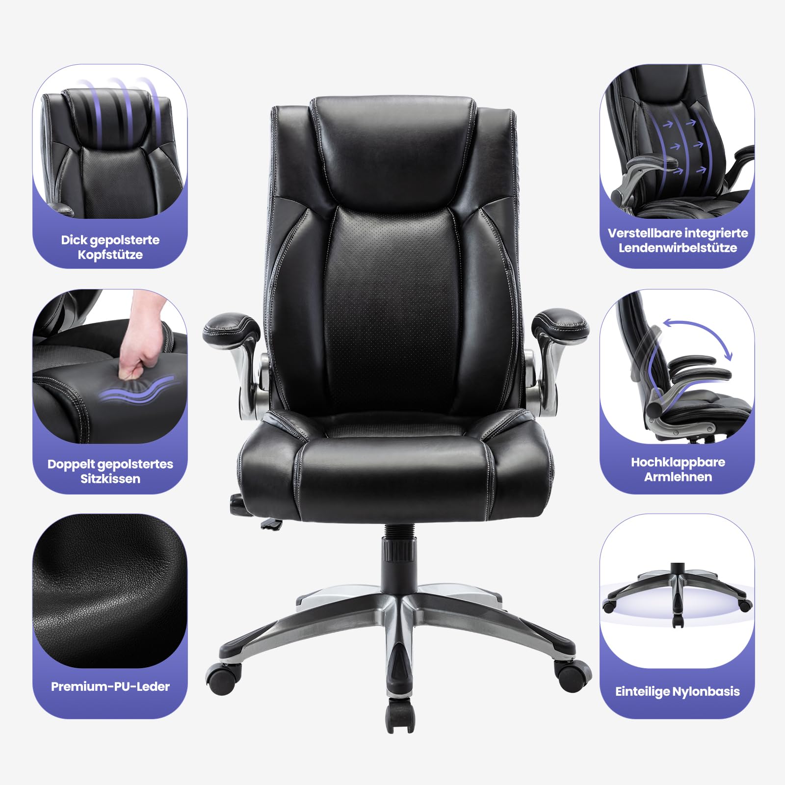 COLAMY Bürostuhl Ergonomisch, Chefsessel mit Hoher Rückenlehne, Ergonomischer 360° Drehstuhl für Büro, Schreibtischstuhl Lederstuhl mit Verstellbarer Neigungsverschluss, Schwarz
