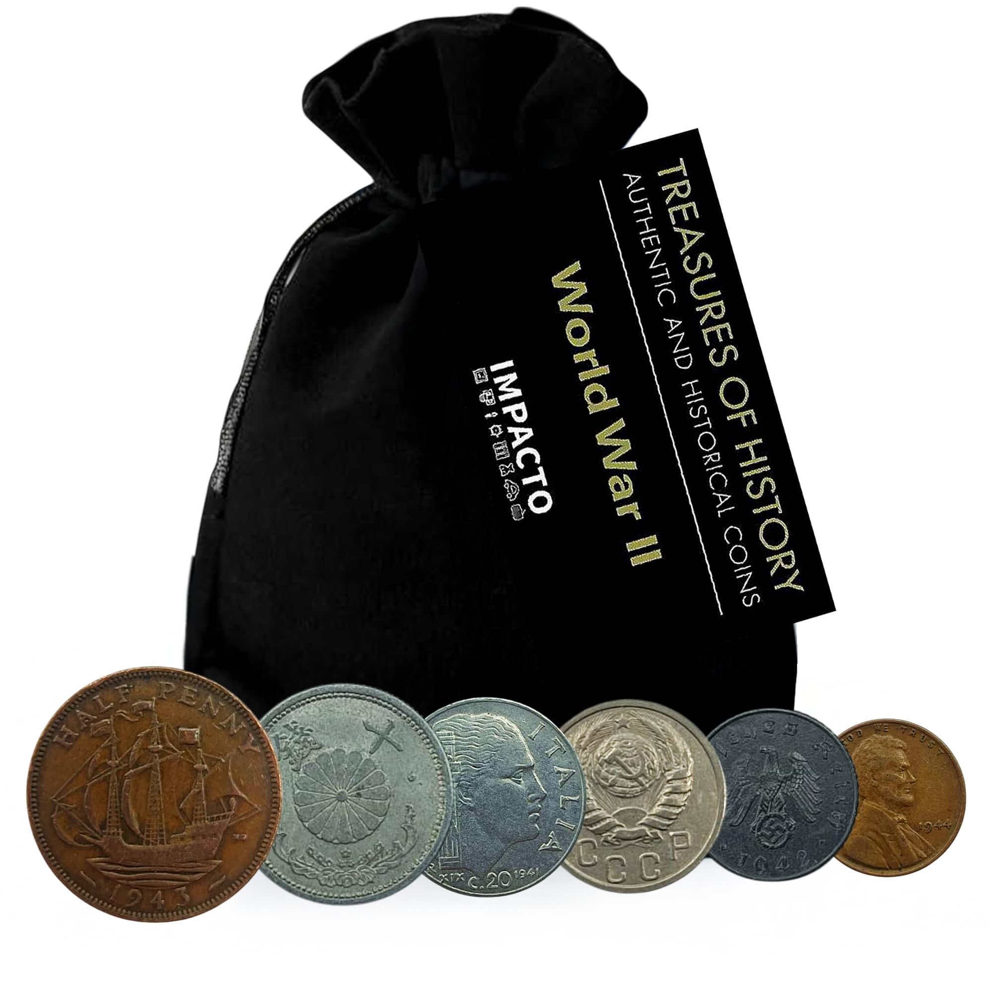 IMPACTO COLECCIONABLES | Aliados y Eje Colección de 6 Monedas Auténticas de la Segunda Guerra Mundial – Lote Históricos Original en Bolsa de Terciopelo con Certificado de Autenticidad