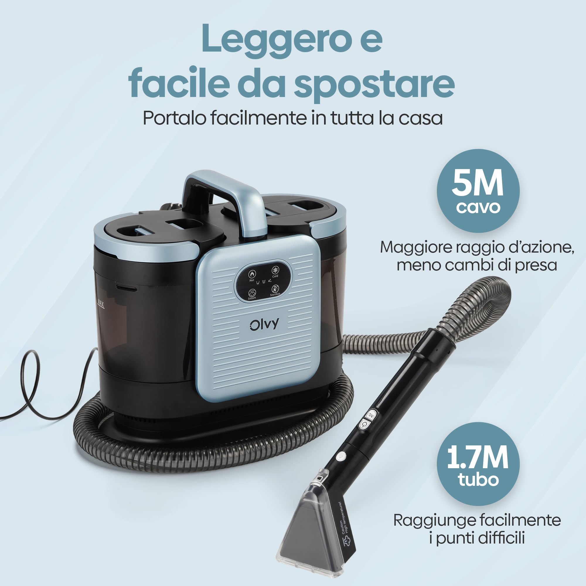 Olvy Pulitore per Tappeti PRO – Aspiratore a umido e pulitore a vapore per imbottiti – Pulitore a vapore a 100°C – Dispositivo per pulizia divani – Aspiratore per imbottiti a umido – 1650W
