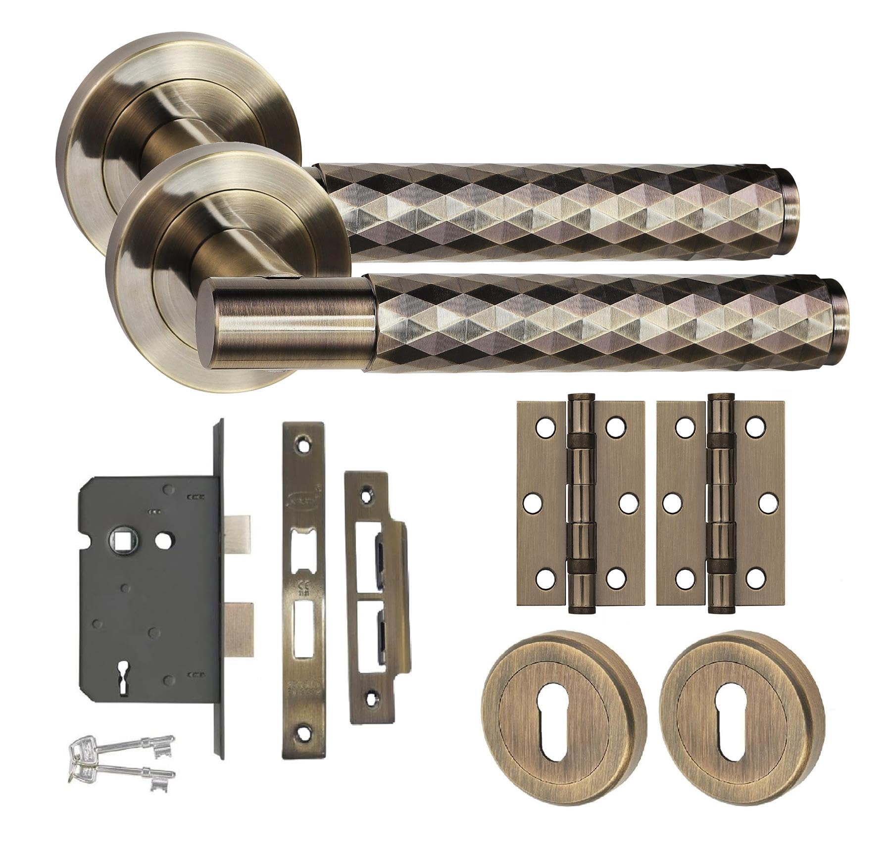 Golden Grace Antique Brass Knurled Diamond Cut T-Bar Door Handle Lock Set 3 Lever Mortise Lock Bb Hinges