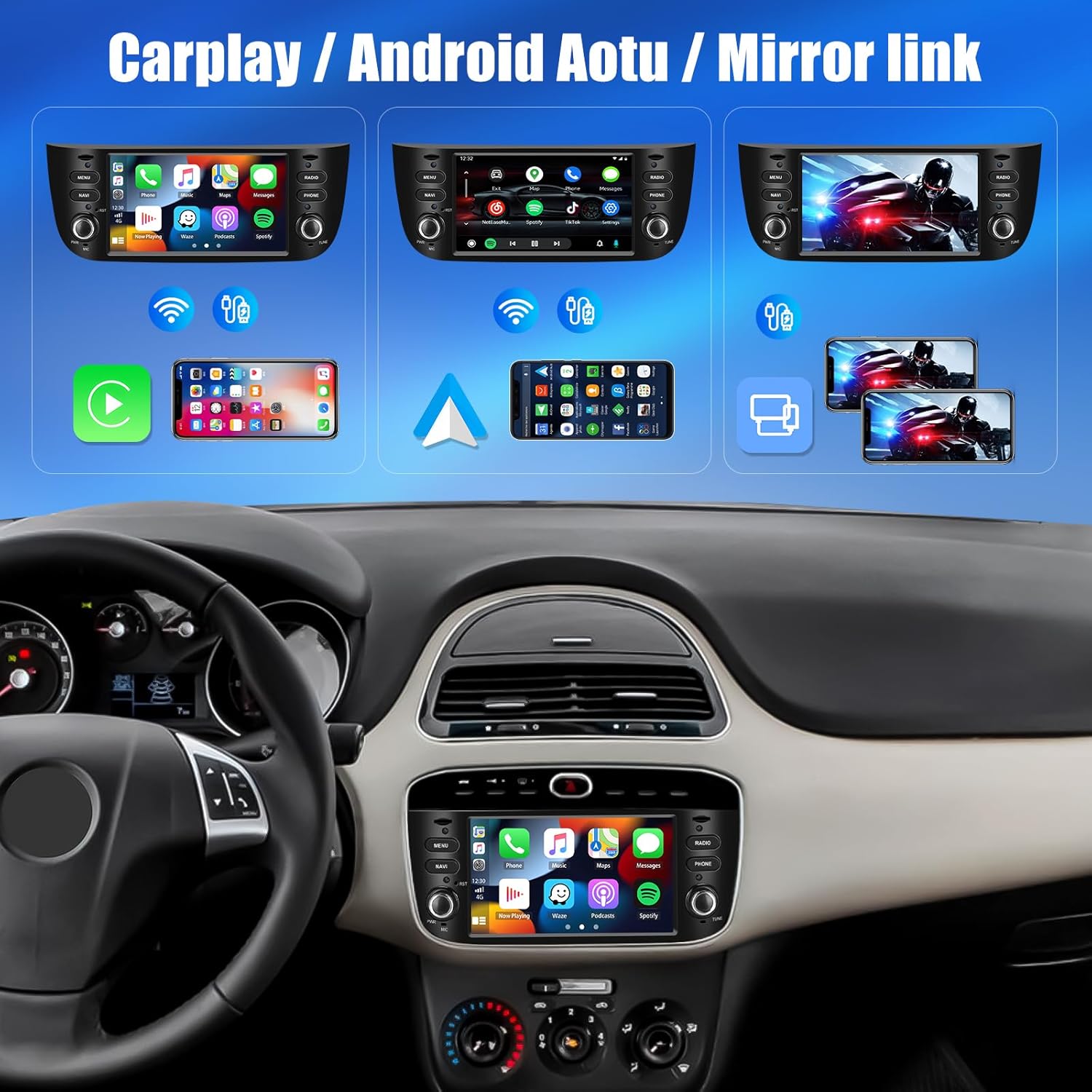 Three panels illustrating Carplay, Android Auto, and Mirror Link functionalities on the SIXWIN Android 13 Autoradio. Carplay and Android Auto show phone interfaces on the car screen, while Mirror Link shows a phone screen duplicated.