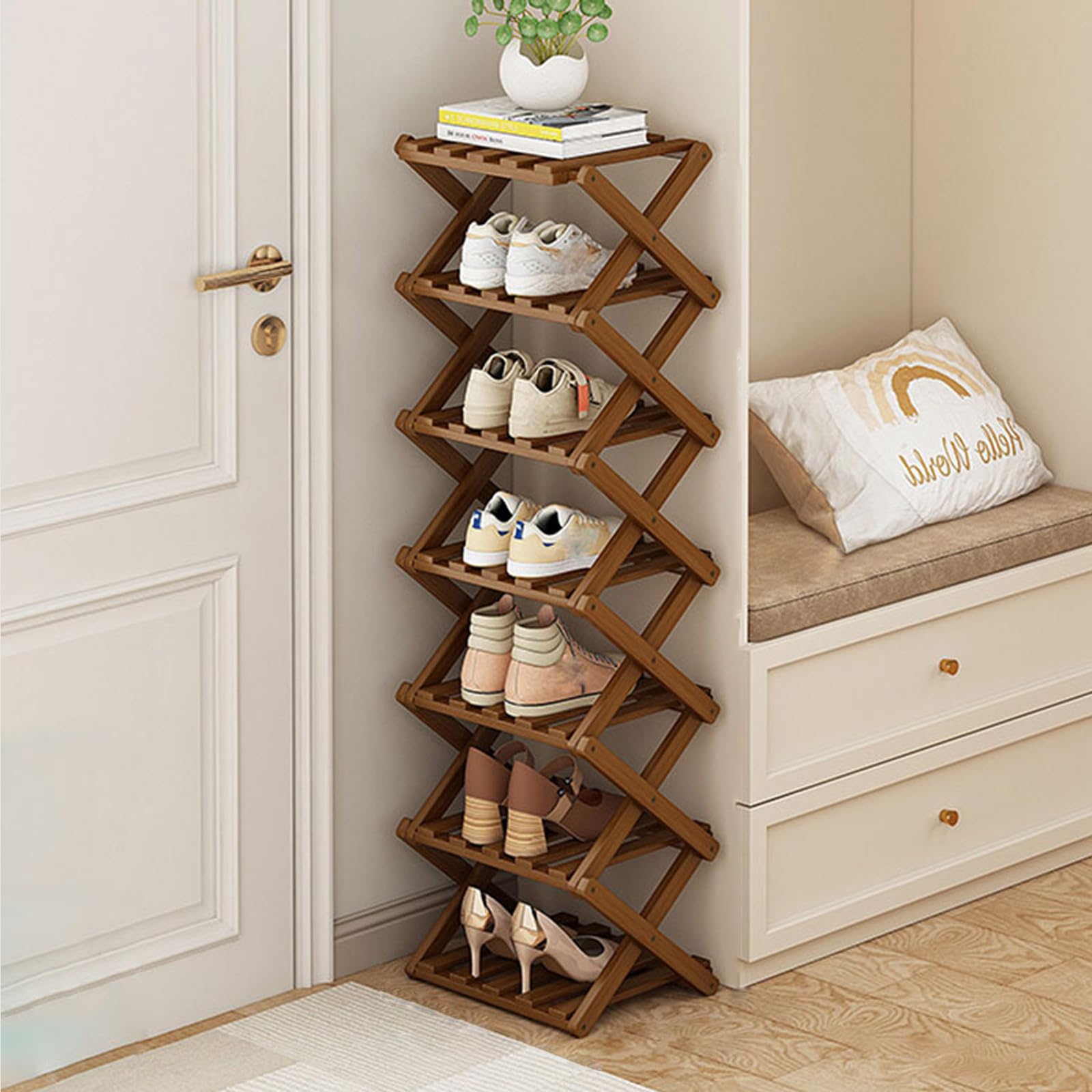 kiss me Bamboo Folding Shoe Rack,Portable Wooden Shoe Racks,Tall Narrow Shoe Rack,Without Installation,Shoe Racks Storage,Wooden Narrow Tall rack Indoor for Hallway, Entryway (Brown 7 Tier) — image 1