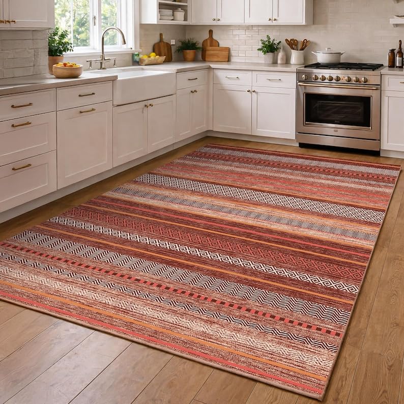 Tapis terracotta bohème 90x220cm lavable et antidérapant pour cuisine et salon