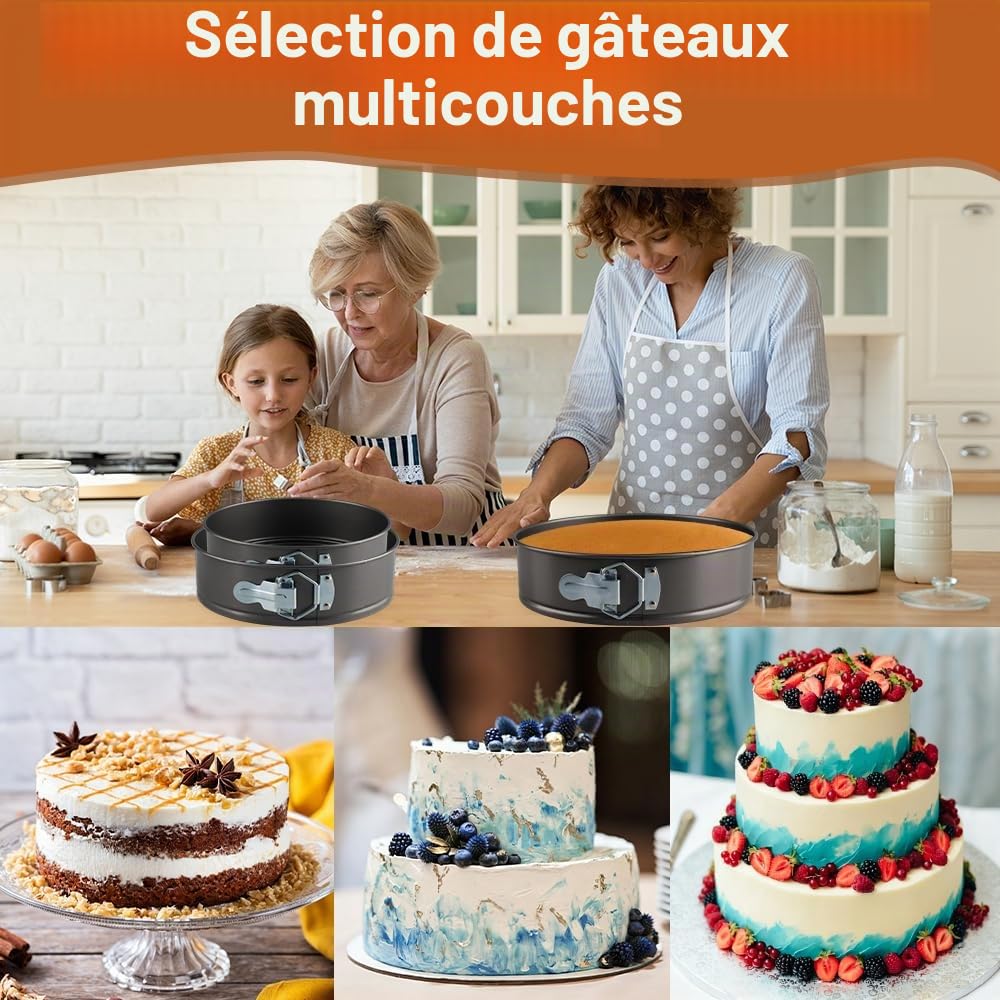 Lot de 3 Moule à Manqué Rond, 20/22/24cm Moule à Gàteau Rond, Carbone Moules à Charnière Avec Fond Amovible, Moule Bento Cake pour Faire Gâteaux