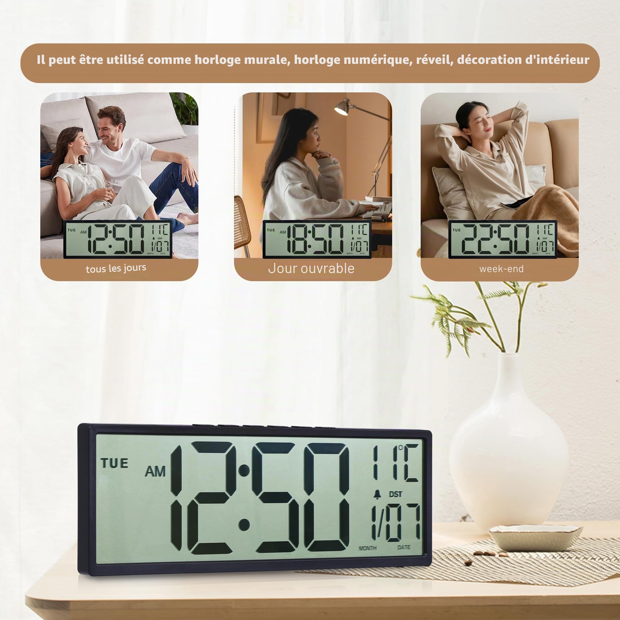 Maxstar Grande Horloge Murale Numérique 15" Grand Écran LCD Chiffres Géants Piles Auto DST Température Date