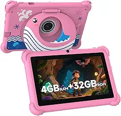 Tablet infantil de 7 polegadas para crianças, Android 12, 4 GB de RAM, 32 GB de ROM, WiFi, Bluetooth, tela IPS de proteção segura para os olhos, controles parentais, câmera dupla, capa transparente