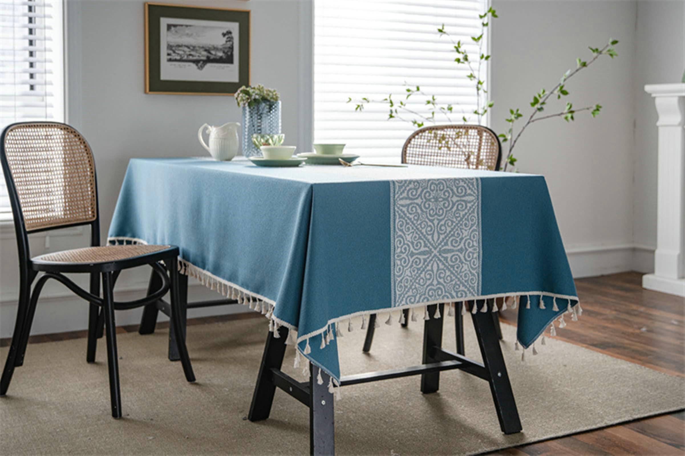Gualiy Mantel Mesa Cuadrada Tela, Poliéster Mantel Mesa Sala 140x220CM Manteles de Mesa Antimanchas Jacquard de Flores con Borlas Mantel para Mesa Salon, Azul