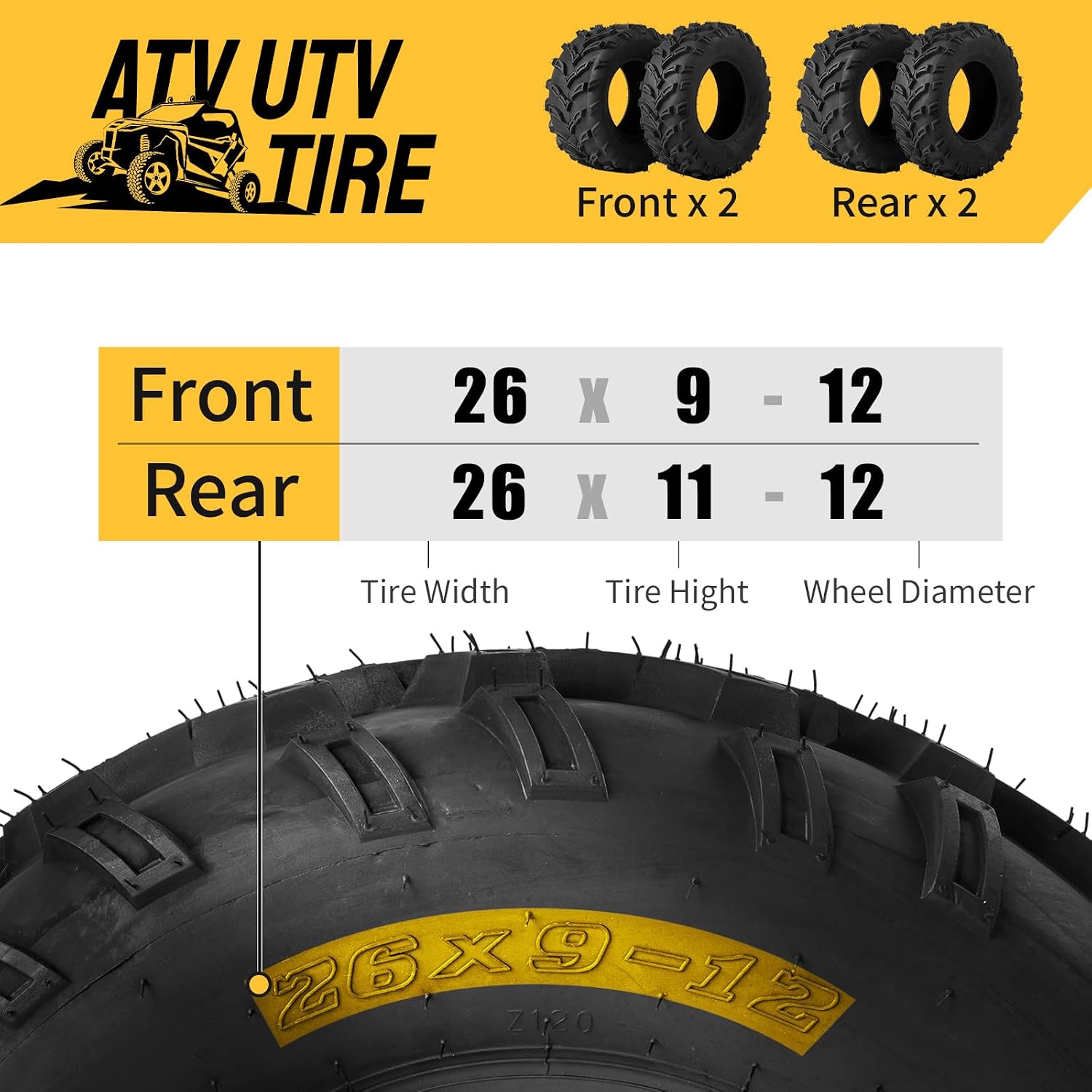 MOTORHOT 4 ATV UTV Tires 26x9-12 & 26x11-12 6PR All-Terrain Tubeless