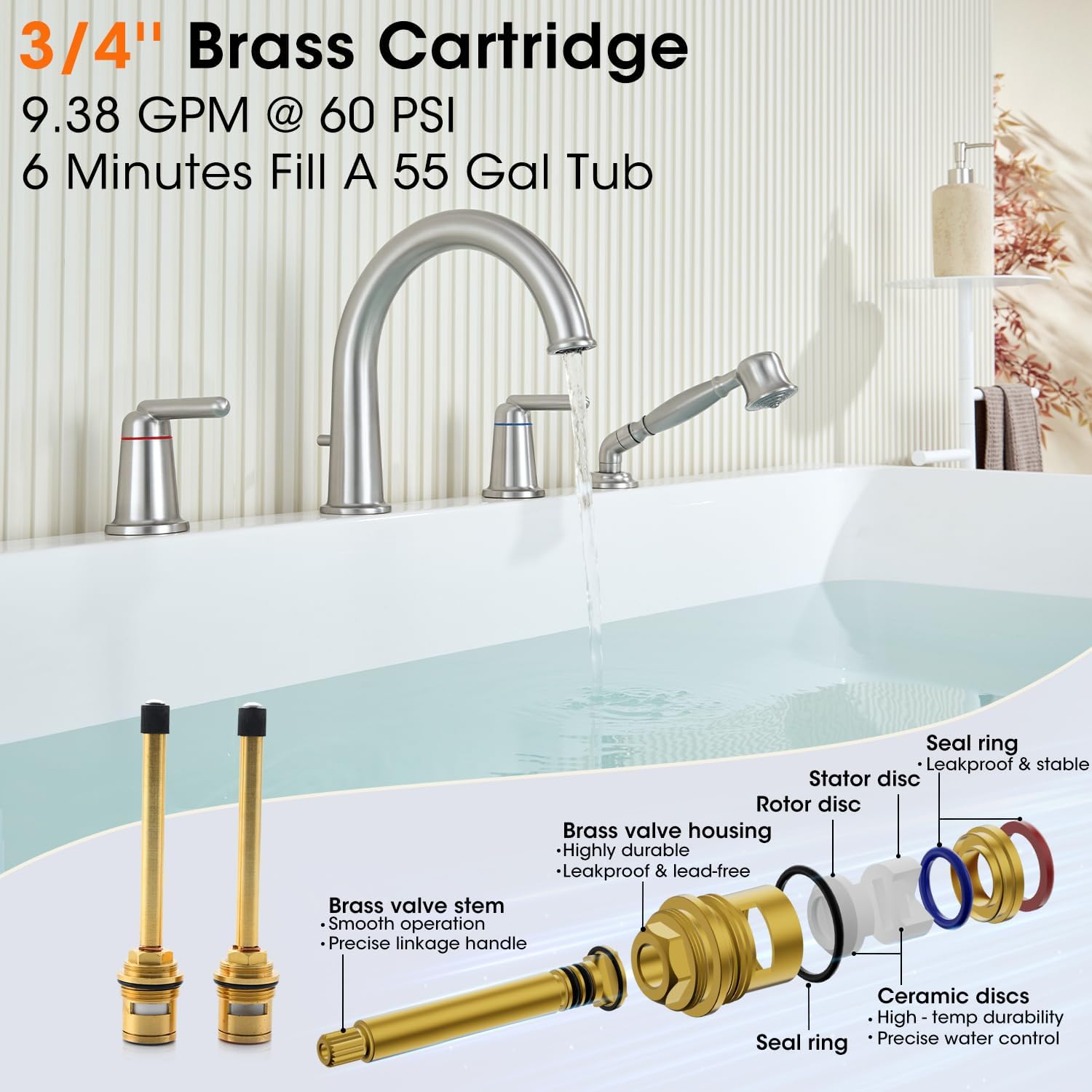 Tub Faucet Set, Roman Bathtub Faucet Set with Valve and Diverter Brass Vintage Bath Faucet for Tub Widespread 4 Hole 2 Handle Classic Gooseneck High Flow Tub Filler with Sprayer Brushed Nickel