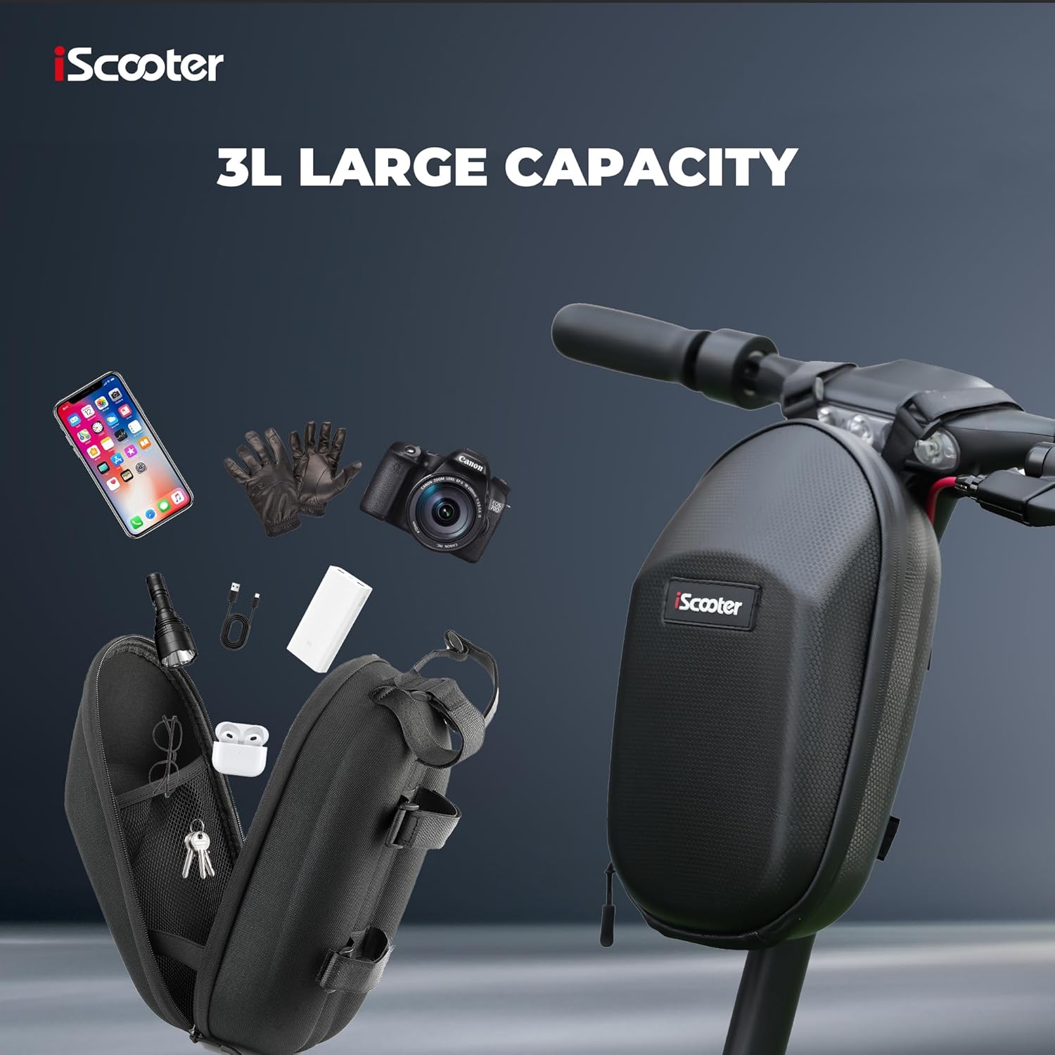 iScooter Handlebar Storage Bag for Electric Scooter, Large Capacity Waterproof Hanging Bike Bag Front Storage Bag Electric Scooter Accessories, 3L Black