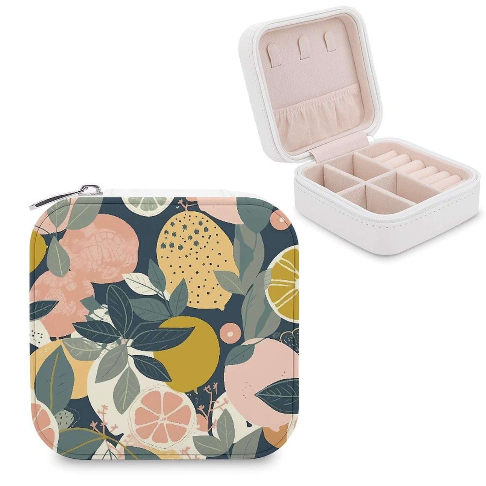 JTREHY Travel Lemon Citrus Pattern Jewelry Case Portable Display Storage Box PU Leather Mini Jewelry Travel Case Personalized Travel Jewelry Organizer Small Jewelry Box for Women