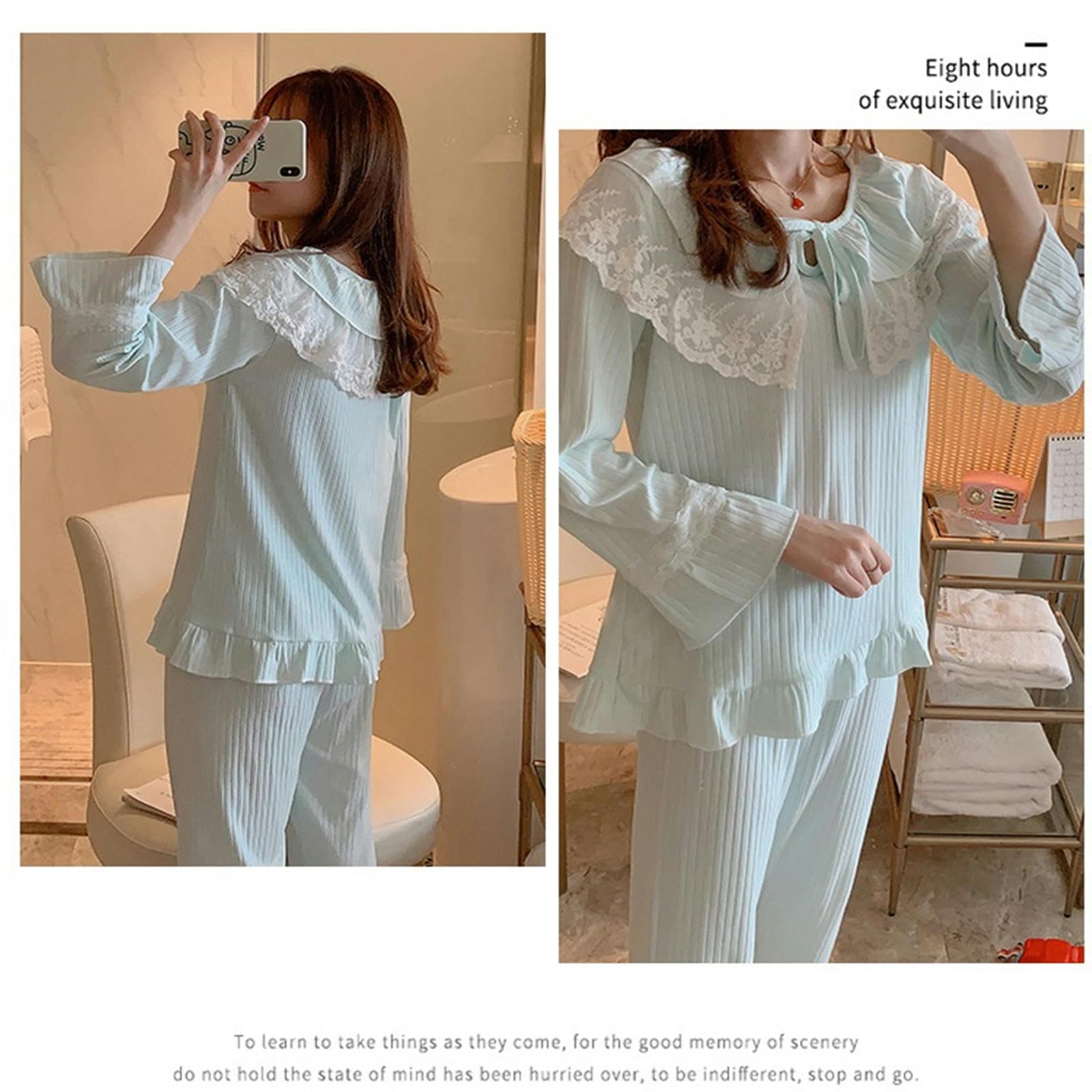 Pigiami da Donna Le Maniche Lunghe per Pigiami da Donna di Primavera E Autunno di Cotone Sono Sottili Vestiti per La Casa in Pizzo in Pizzo in Pizzo da Donna in Pizzo-d-XL