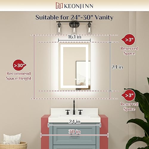 Miniatura 2 de Keonjinn Espejo LED para baño de 16 x 24 pulgadas, espejo de tocador de baño frontal y retroiluminado con 3 luces de color, espejo de baño iluminado
