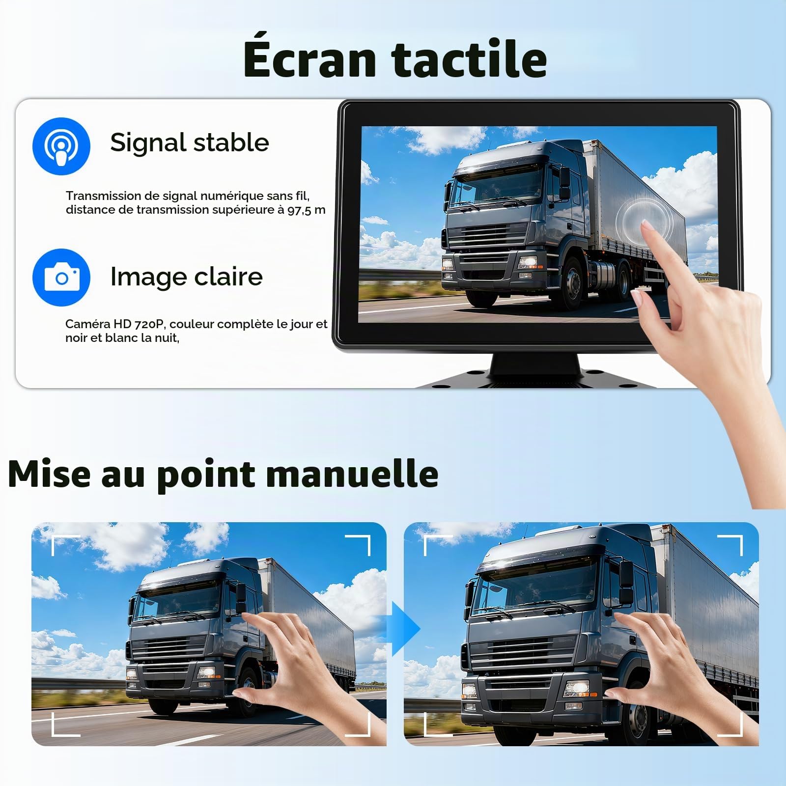 Hodozzy sans Fil Caméra de Recul Solaire, Ecran Tactile IPS 10,1 Pouces Moniteur avec Enregistrement en Boucle, Kit de Caméra Recul 10000 mAh avec BSD, Etanche, Vision Nocturne, Type-C, Ligne Recul