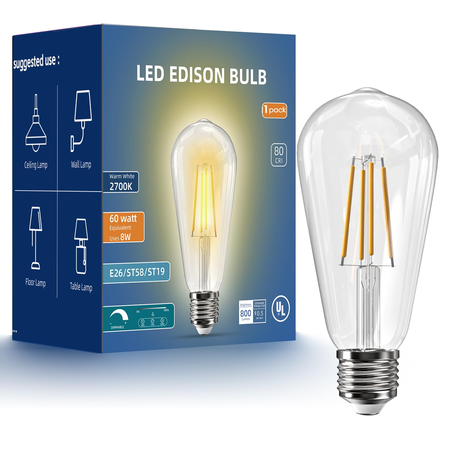 Jensense Edison Bulbs E26 LED Bulb 60 Watt Equivalent, Vintage LED Light Bulbs CRI90+ ST19, Dimmable Clear Light Bulbs (2700k Warm White, 8watt-1 Pack)