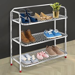 Plantex Shoe Stand for Home|Steel Shoe Rack for Home|Shoe Organiser|Rack for Shoes|Mini Shoe Rack Cover 3 Layer (Silver) Price In India