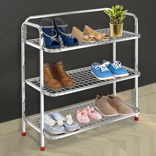 Plantex Shoe Stand for Home|Steel Shoe Rack for Home|Shoe Organiser|Rack for Shoes|Mini Shoe Rack Cover 3 Layer (Silver)