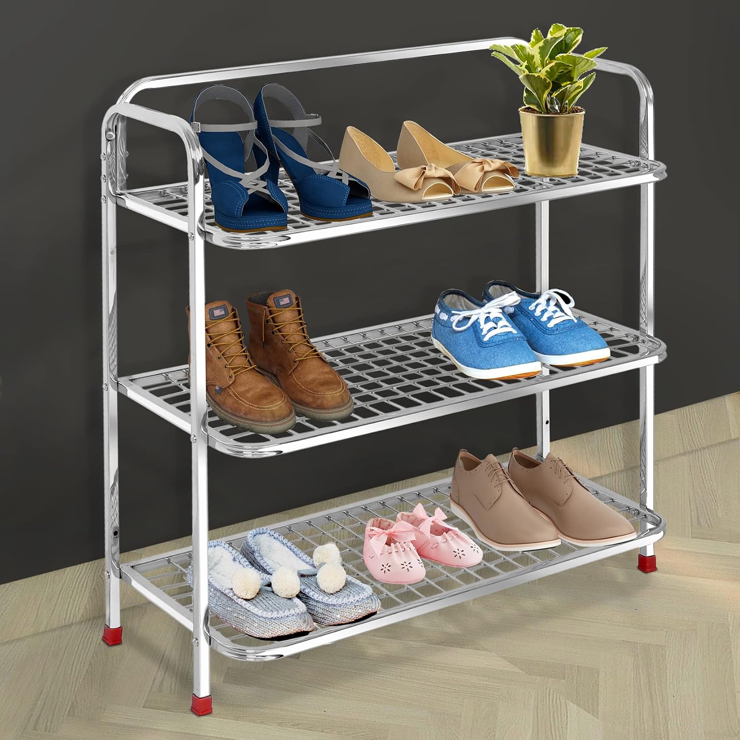 Plantex Shoe Stand for Home|Steel Shoe Rack for Home|Shoe Organiser|Rack for Shoes|Mini Shoe Rack Cover 3 Layer (Silver)