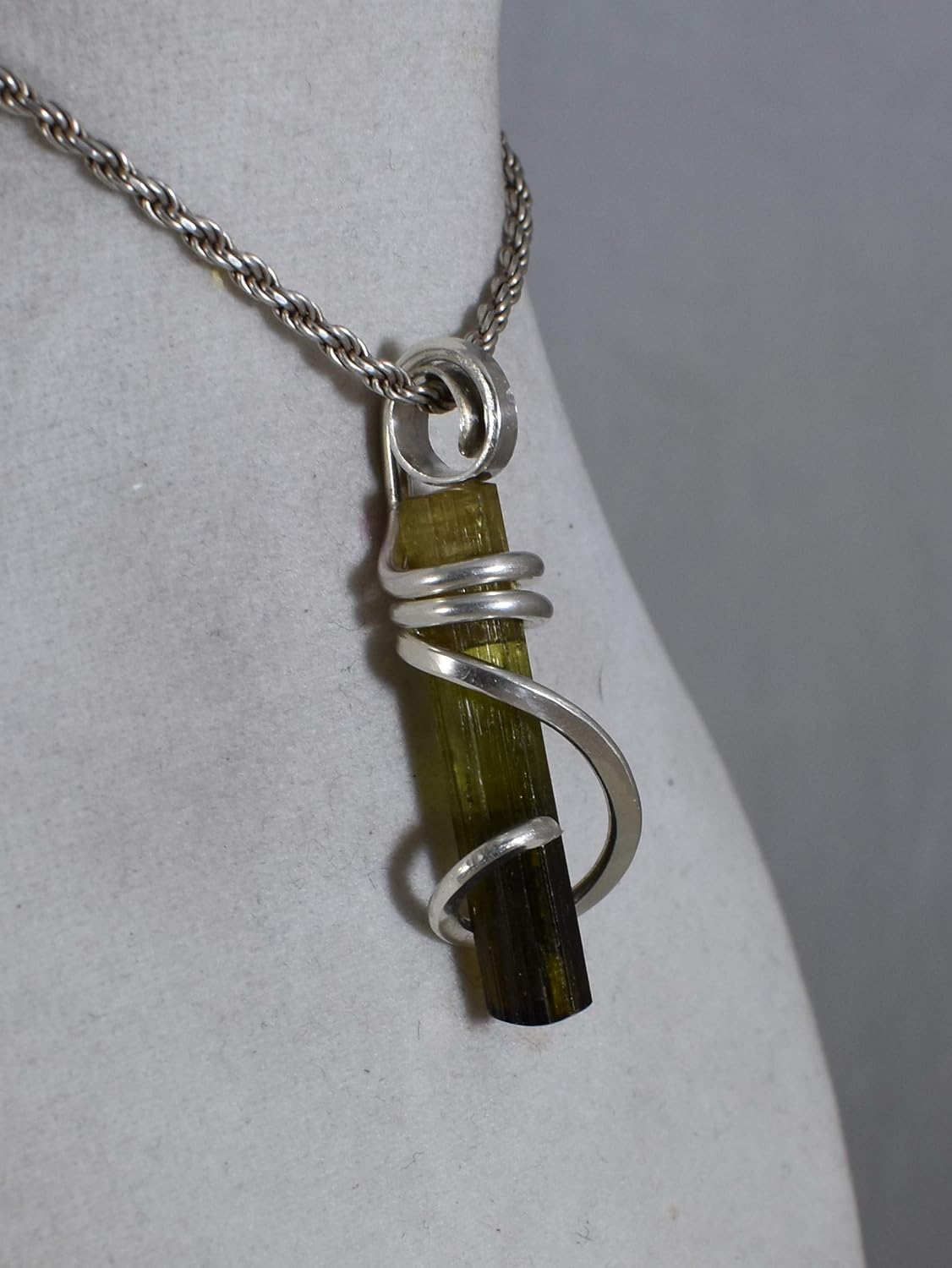 Green Tourmaline Crystal Hand Wrapped Stone Pendant in Silver - Image 3