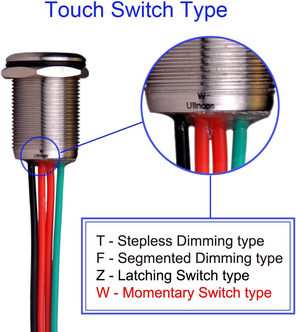 Touch Switch UT19W1 Momentary Switch DC 6V to 24V Blue LED Suitable for 19mm 3/4" Mounting Hole