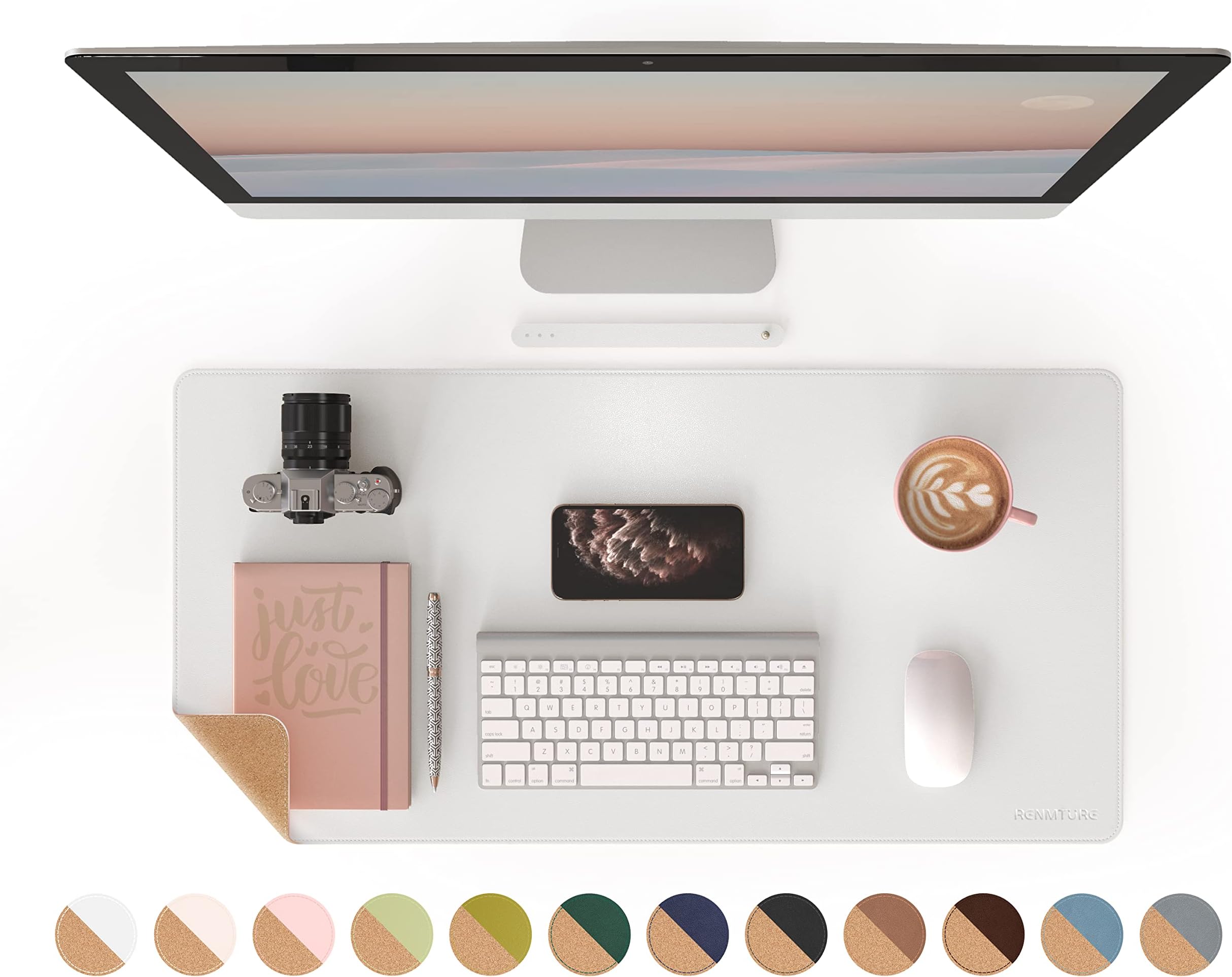 Dual-Sided Desk Pad, Natural Cork & PU Leather Large Mouse mats for Office and Home Work, Desk Protector Non-Slip, Waterproof, Easy Clean (White, 32"x16")