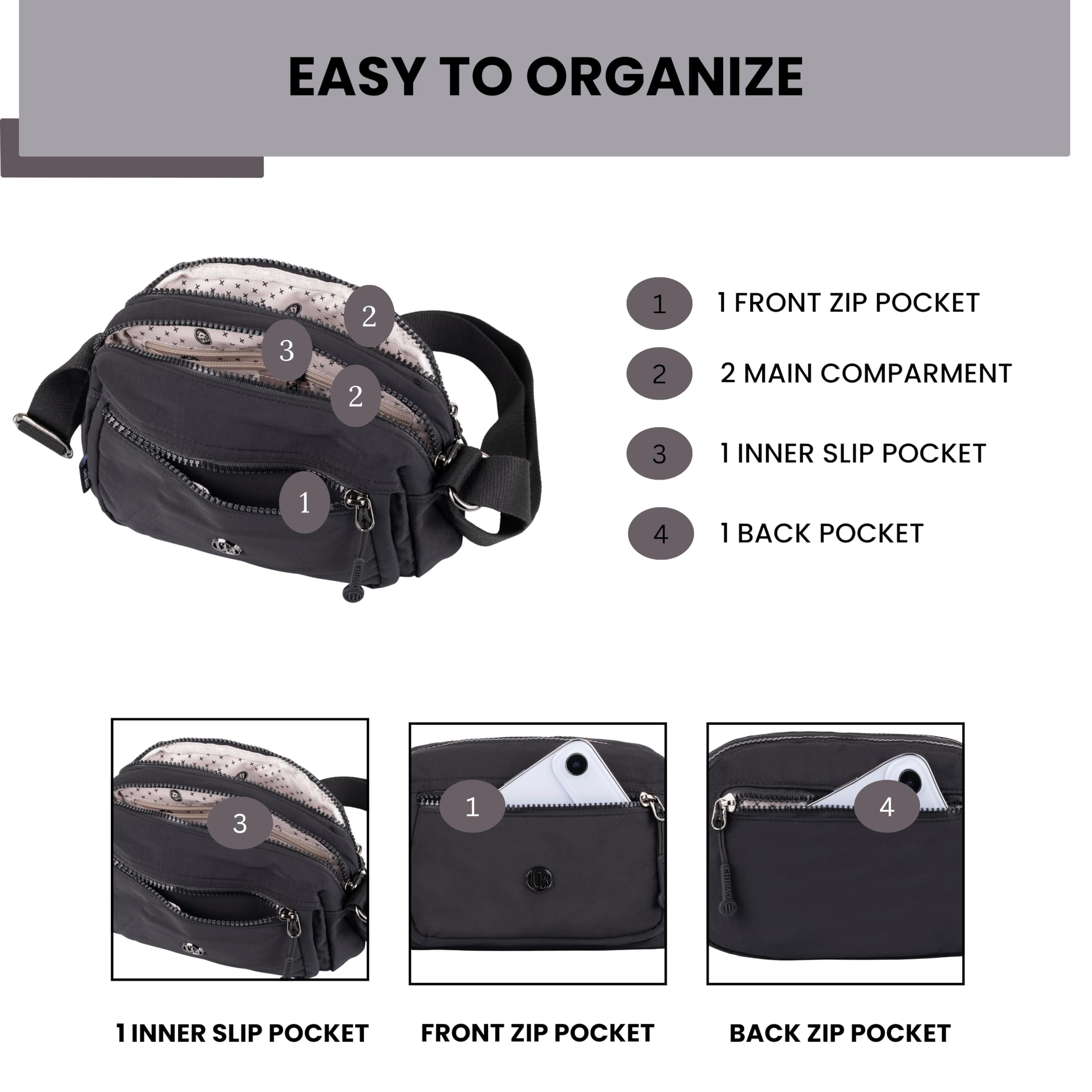 TS WITH TECHSUN Women's Small Crossbody Sling Bag, Stylish Anti-Theft Shoulder Sling Purse, Adjustable Strap, Multiple Compartments, Travel and Daily Essentials (22 × 15 × 10 cm) (Black) 2