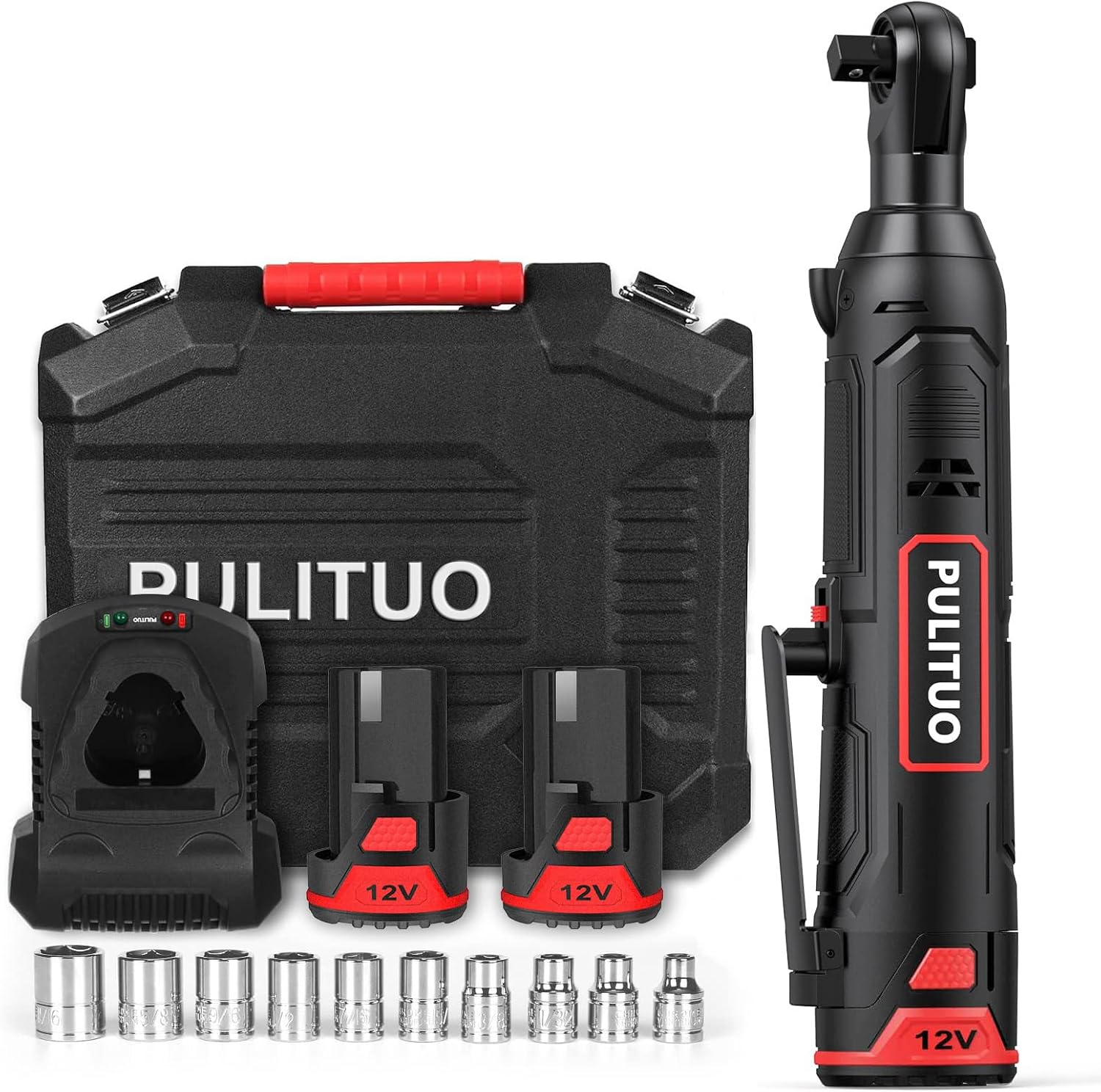 PULITUO Cordless Electric Ratchet Wrench 3/8", 12V Power Ratchet Tool Kit 40 Ft.Lbs (54 N.m) with 2-PACK 2000mAh Lithium-Ion Batteries, 45 Min Fast Charger, Variable Speed and 10 Sockets