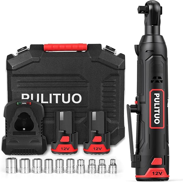 PULITUO Cordless Electric Ratchet Wrench 3/8", 12V Power Ratchet Tool Kit 40 Ft.Lbs (54 N.m) with 2-PACK 2000mAh Lithium-Ion Batteries, 45 Min Fast Charger, Variable Speed and 10 Sockets
