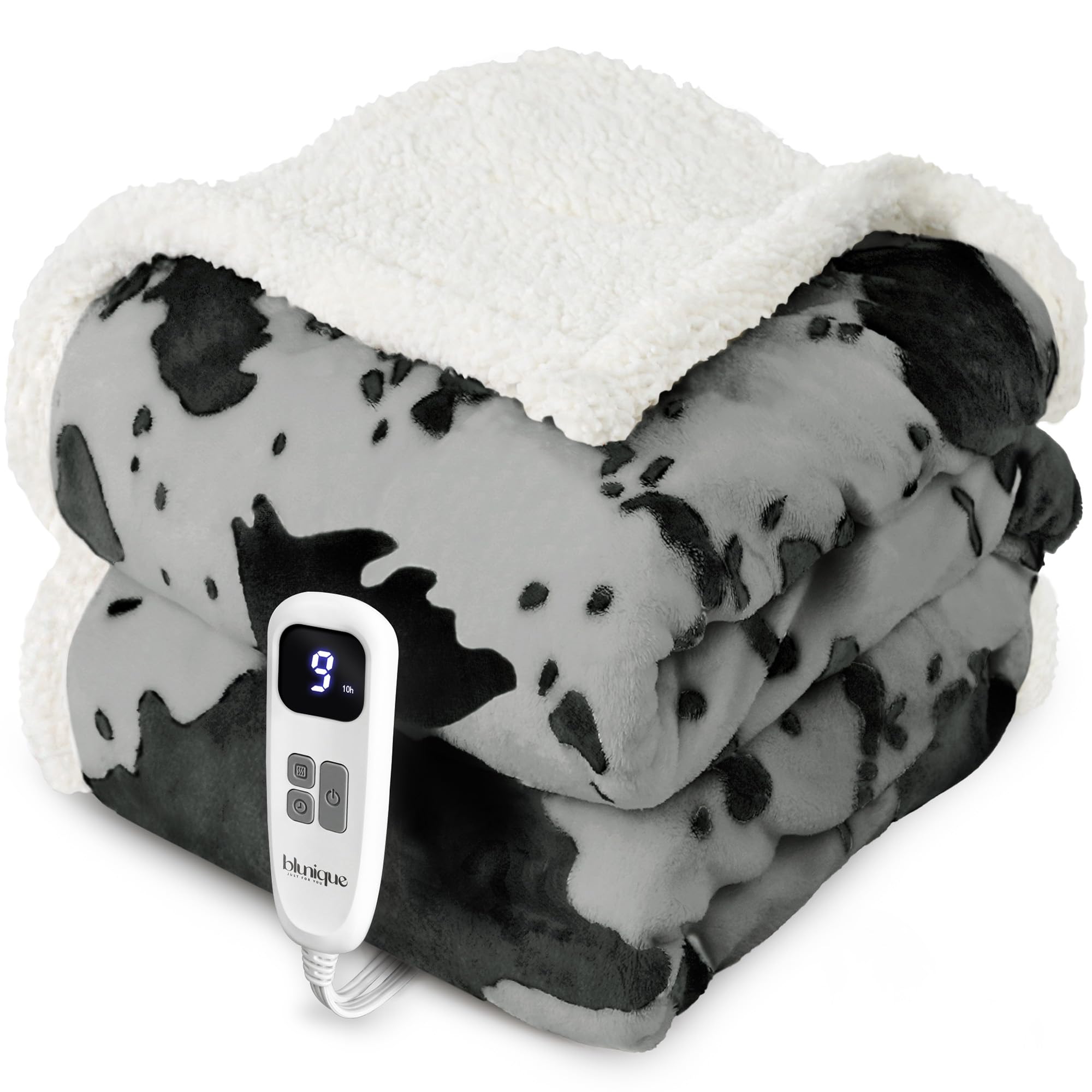 Heated Blanket Throw Blanket - Fast Heating Electric Blanket, Soft Heated Throw with 4 Time Settings,10 Heating Settings, Warm Gifts for Women Mom Grandma(50" x 60" Cow Print Grey)