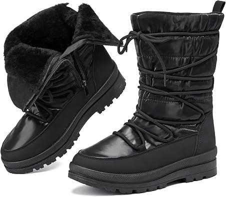 Waluzs Snow Boots for Women Ski Boots Waterproof Fur Winter Boots Mid Calf | White Black Pink Cute Furry Warm Comfort Fashion Lace up Non Slip Outdoor Snowboard Boots with Zipper