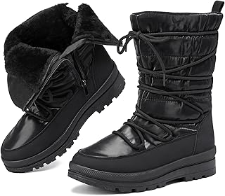 Snow Boots for Women Fur Winter Boots Waterproof Ski Boots Women's Mid Calf Boots Furry White Lace up Boots with Zipper