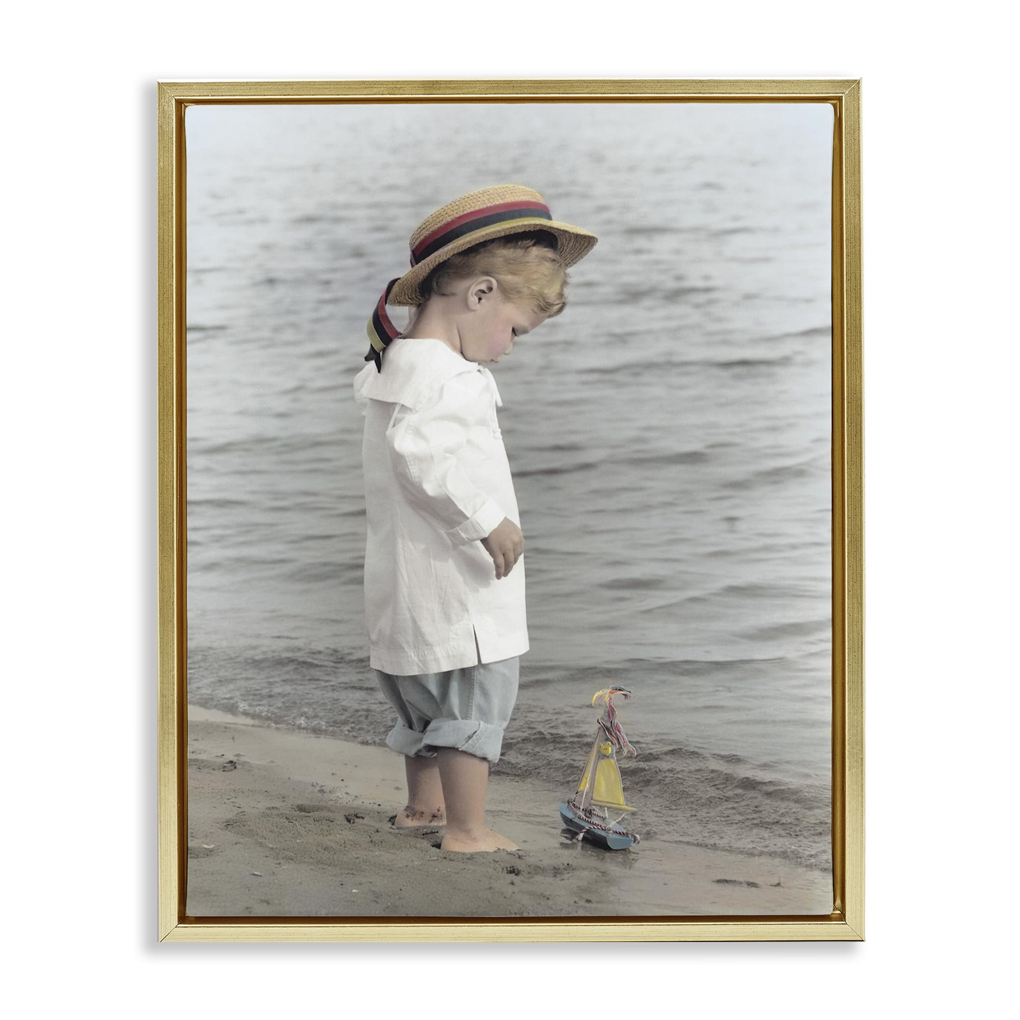 Stupell Industries Metallic Gold (Matte) 'Child On Beach Shore'| Floating Frame Canvas Art
