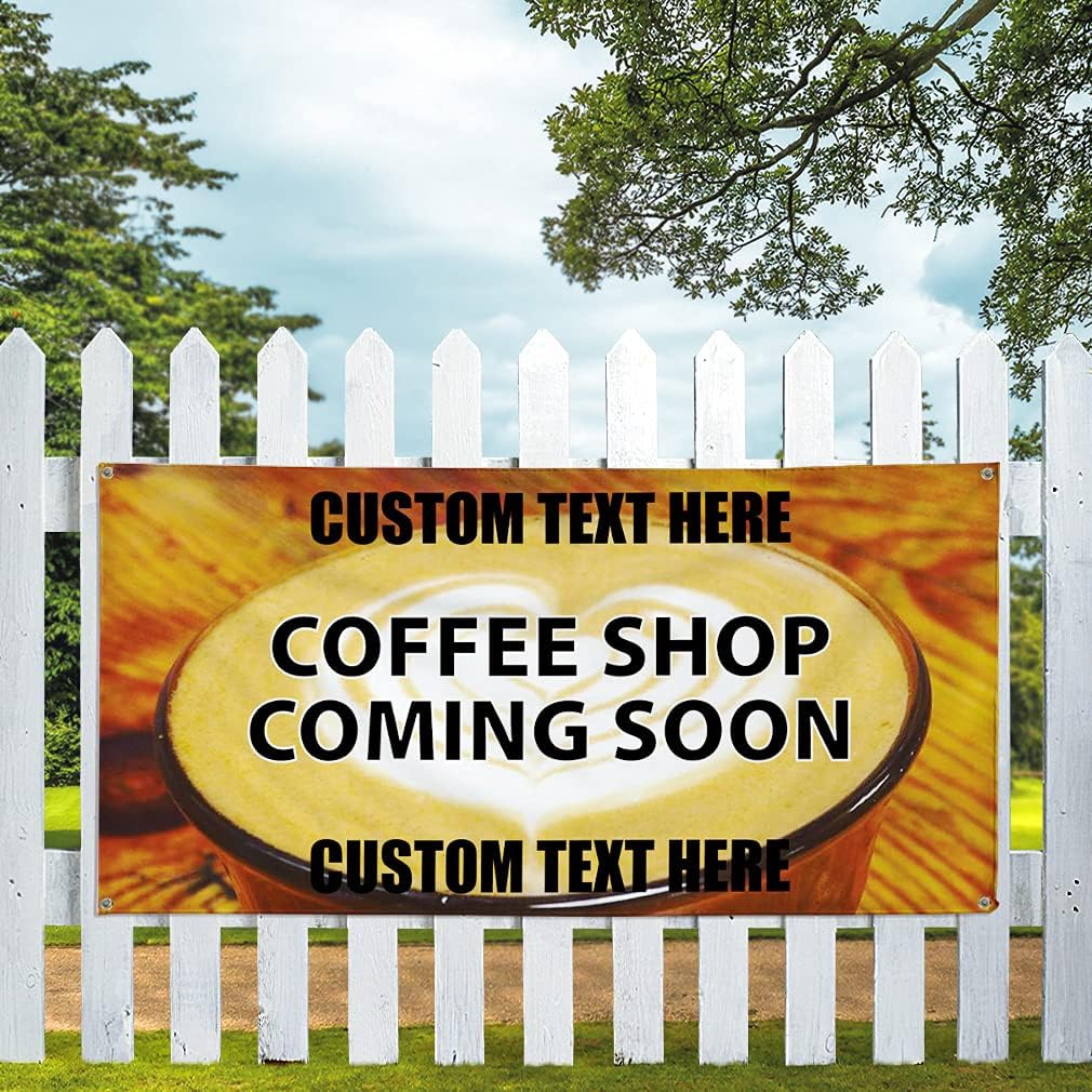 Custom Vinyl Banner Multiple Sizes Coffee Shop Coming Soon Advertising Printing Coffee Shops Outdoor Weatherproof Industrial Yard Signs 4 Grommets Personalized Text Here 16x40Inches