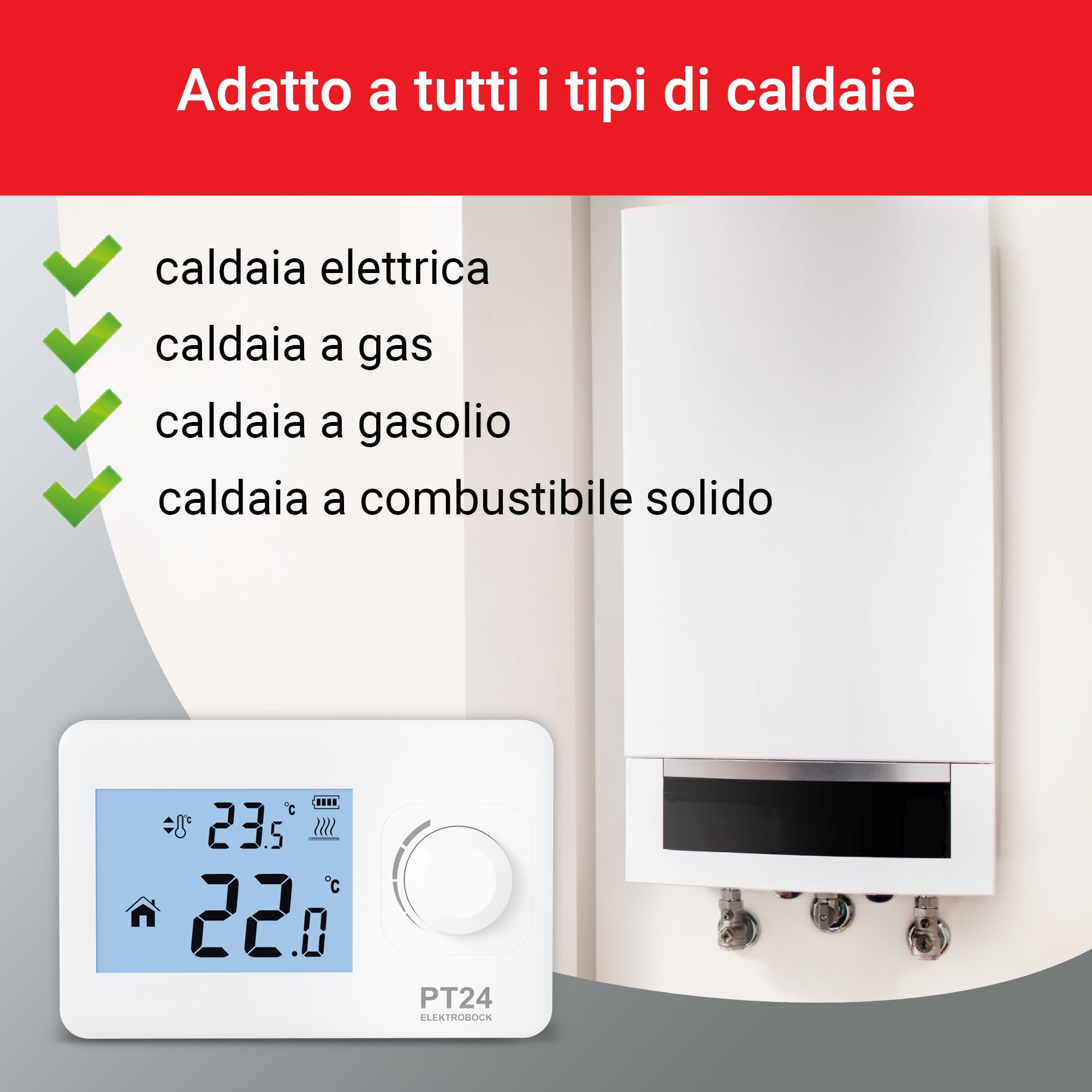 Elektrobock PT24, termostato ambiente con display LCD | Termostato a parete adatto per tutti i tipi di caldaie | Funzionamento a batteria (2X AAA) | Nessuna programmazione necessaria | Protezione