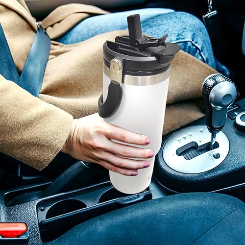 Miniatura 6 de Vaso de 30 onzas con asa y popote abatible, botella de agua aislada al vacío, taza de café de acero inoxidable de doble pared, taza de viaje, a