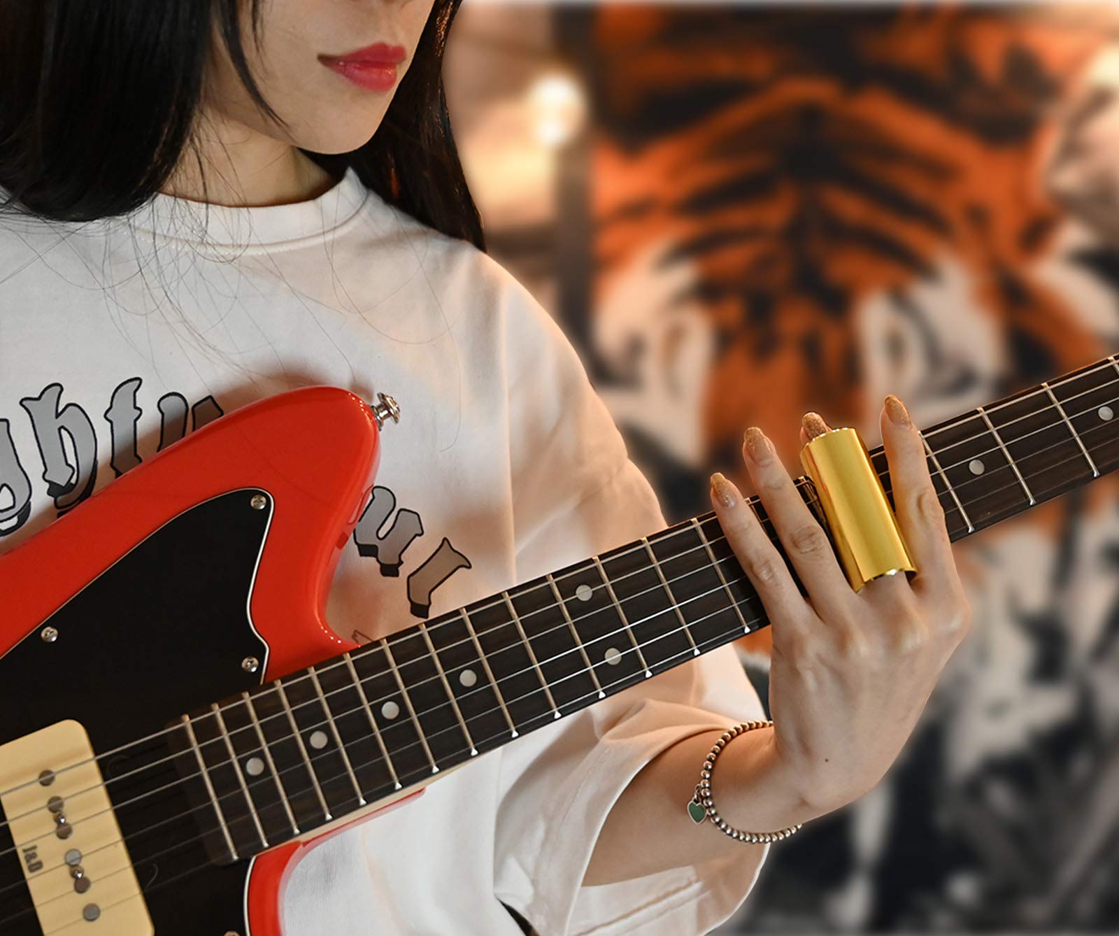 Rayzm Zjeżdżalnia do gitary ze stali nierdzewnej i akordów gitarowych wykresy ściereczka do czyszczenia, 6 * 2,1 cm (dł. * ID) palec kostka gitara sznurek slajd