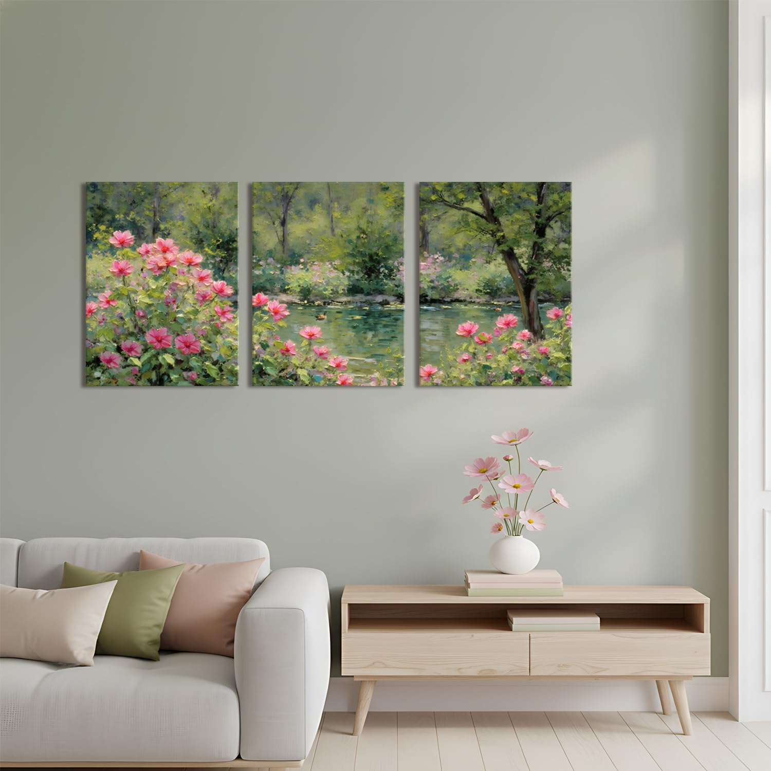 Monet Canvas Wall Art Set of 3 Impressionist Floral Garden Paintings Wall Decor Vintage Nature Landscape Artwork Prints Cottagecore Pictures Framed for Living Room Bedroom 12x16 Inch