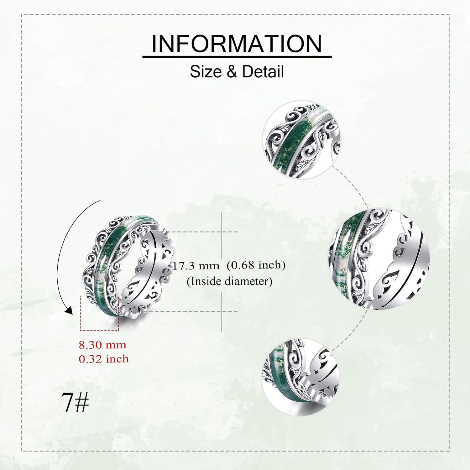 Natural Moss Agate Ring S925 Sterling Silver Fidget Moss Agate Leaf Spinning Ring Natural Stone Jewelry For Women Men