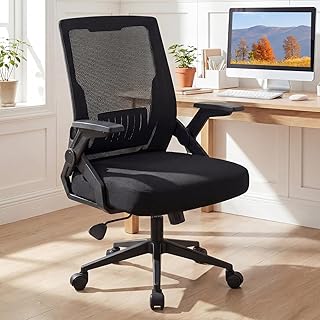 ComHoma オフィスチェア デスクチェア 椅子 疲れない コンパクト 通気性メッシュ 360度回転 120度ロッキング 跳ね上げ式アームレスト パソコンチェア 座面昇降 あぐら キャスター付き C字ランバーサポート 人間工学 反発力ある背もたれ 腰楽 テレワーク/学習/勉強/会議/ビジネス/事務用 子供大人高校生 非再生ウレタン ブラック 黒 イス 45*45*90～110cm