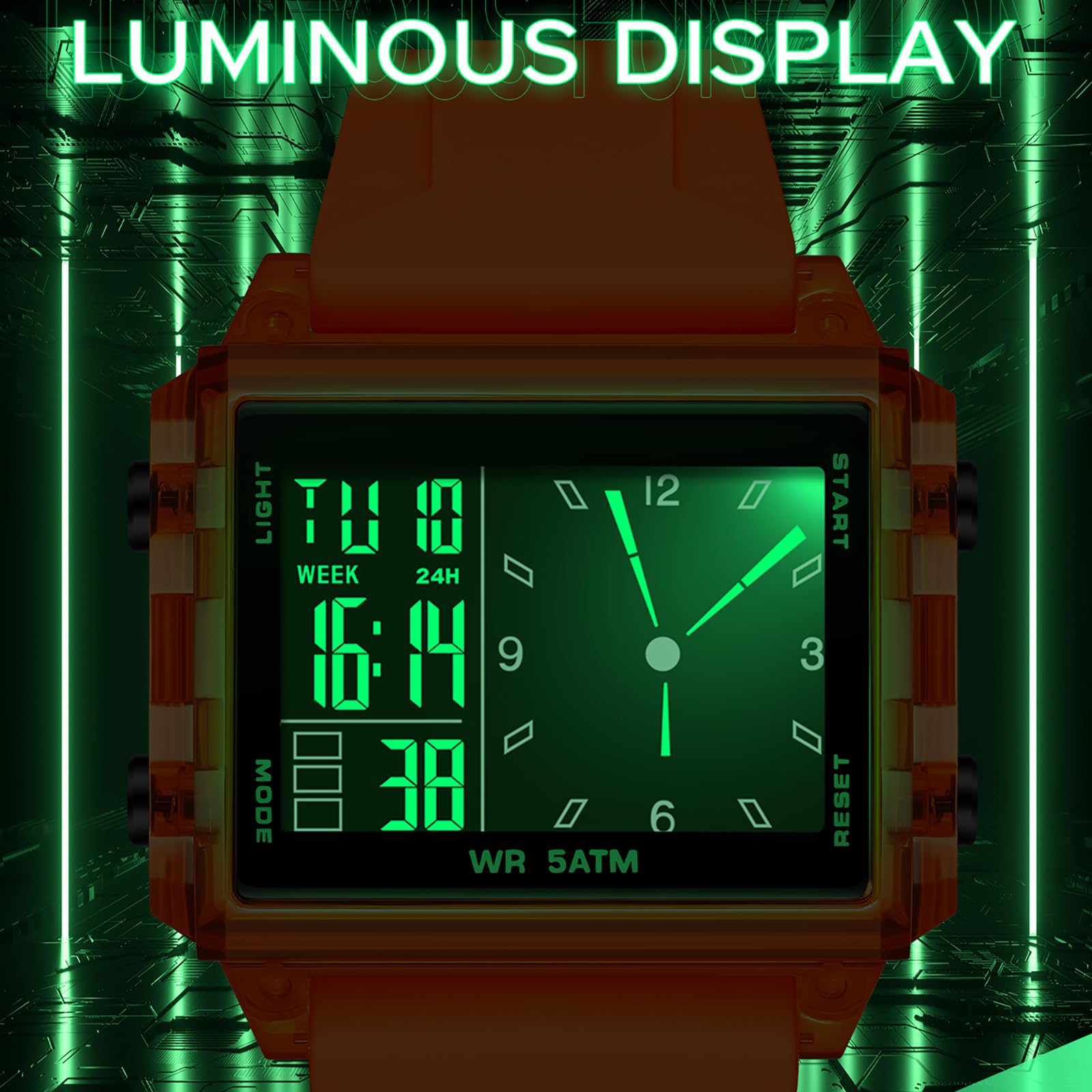 findtime Relojes digitales para hombres y mujeres, impermeable, único, rectangular, cronómetro, alarma de cuenta regresiva, correa de silicona analógica, funda transparente
