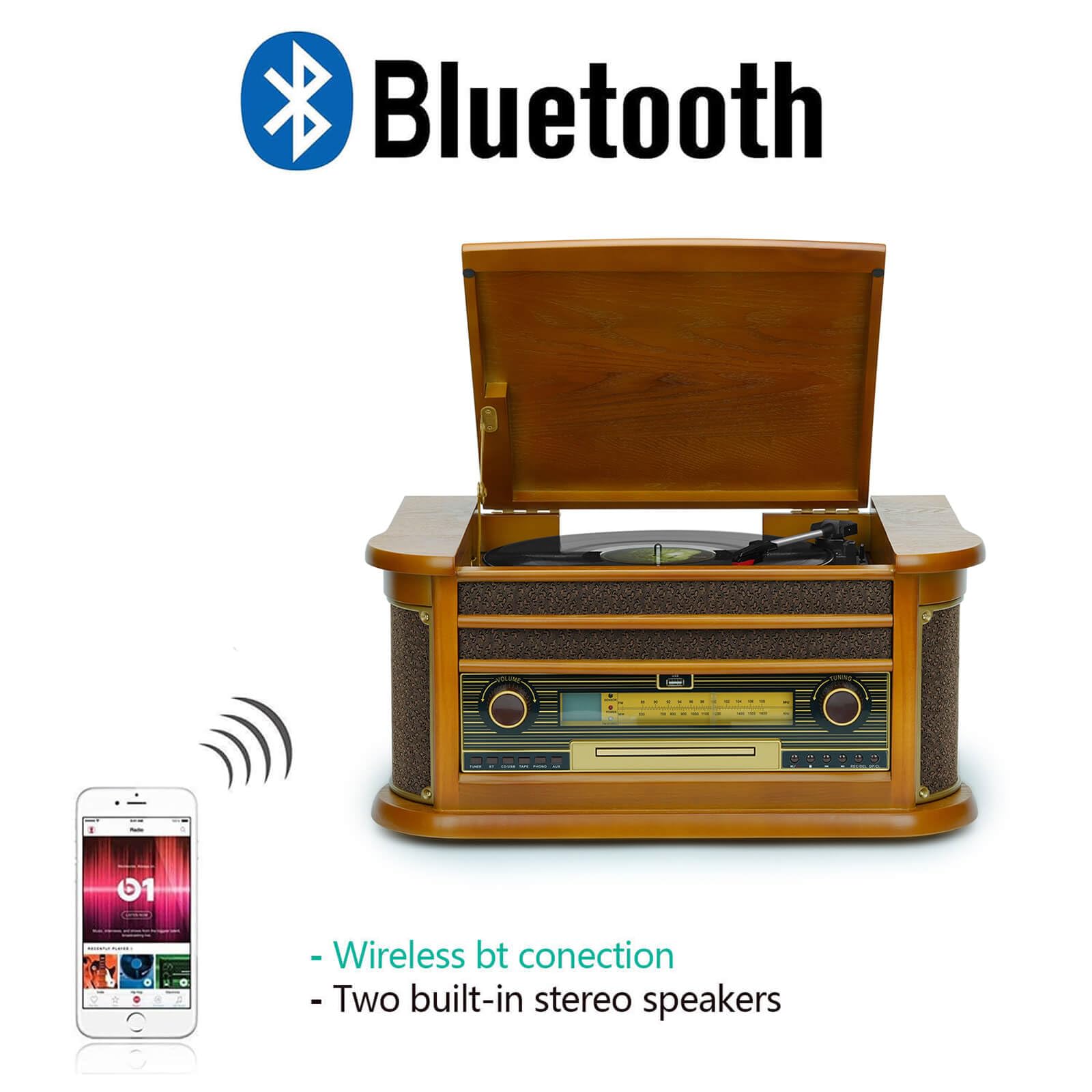 Platine Vinyle rétro Bluetooth avec Haut-parleurs, système Audio stéréo avec CD, Cassette, Radio FM, Enregistrement USB, entrée AUX, Sortie RCA, 33/45/78 TR/Min