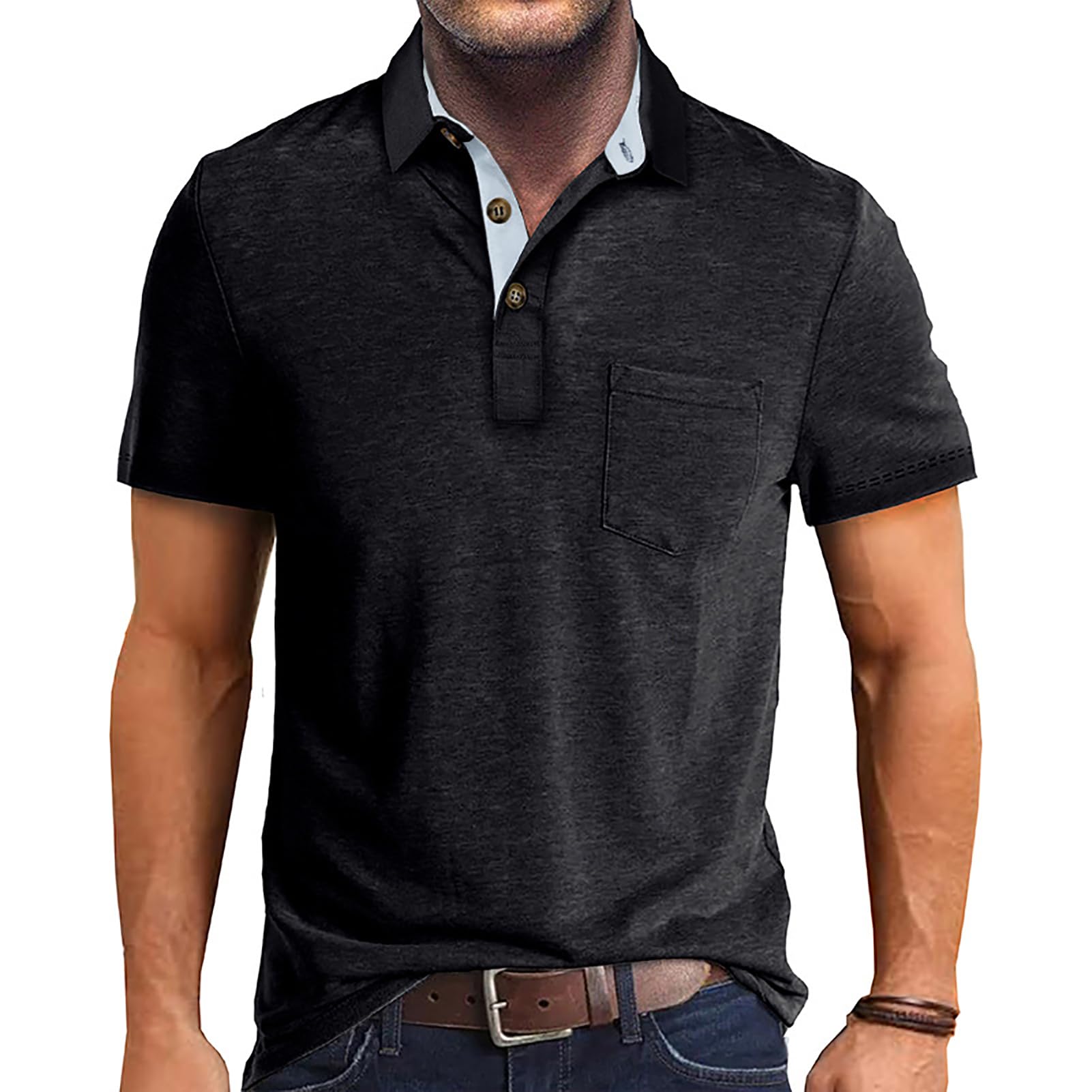 Men's Casual Polo Shirts Classic Short Sleeve Button Moisture Wicking Golf Pocket Shirts