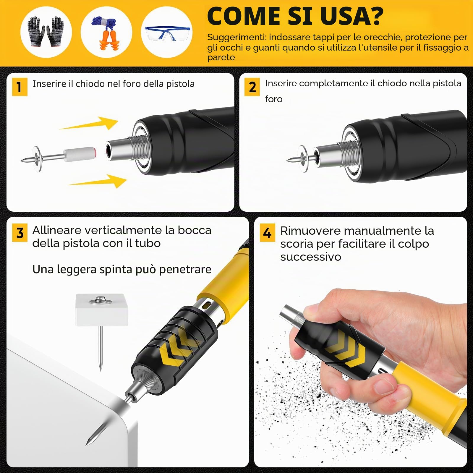 Spara Chiodi per Cemento e Ferro, Chiodatrice Manuale in Acciaio con Aste di Prolunga e 120 Chiodi Tondi, 5 Livelli Regolabili,Doppio Silenziatore e Valigetta per Parete, Mattoni o Acciaio (A)