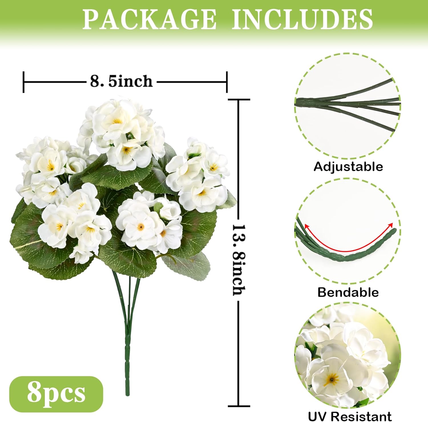 Waipfaru 6 Pcs Artificial Fake Flowers for Outdoors, Silk Geraniums White Flower, UV Resistant Outdoor Faux Plants for Garden Porch Planter Patio Balcony Yard Indoor Home Decoration (6, White)