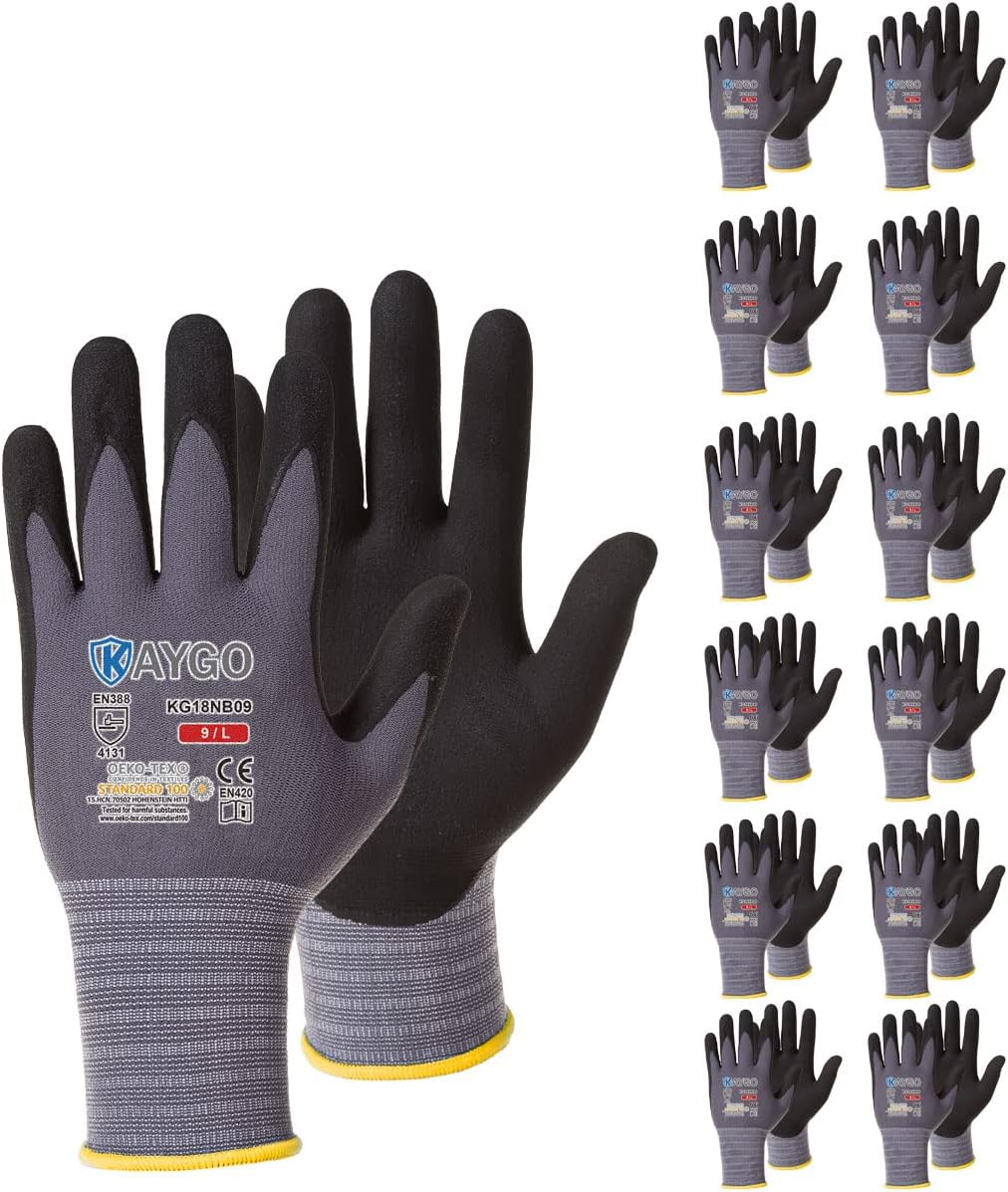 KAYGO Safety Work Gloves MicroFoam Nitrile Coated12 Pairs, KG18NB