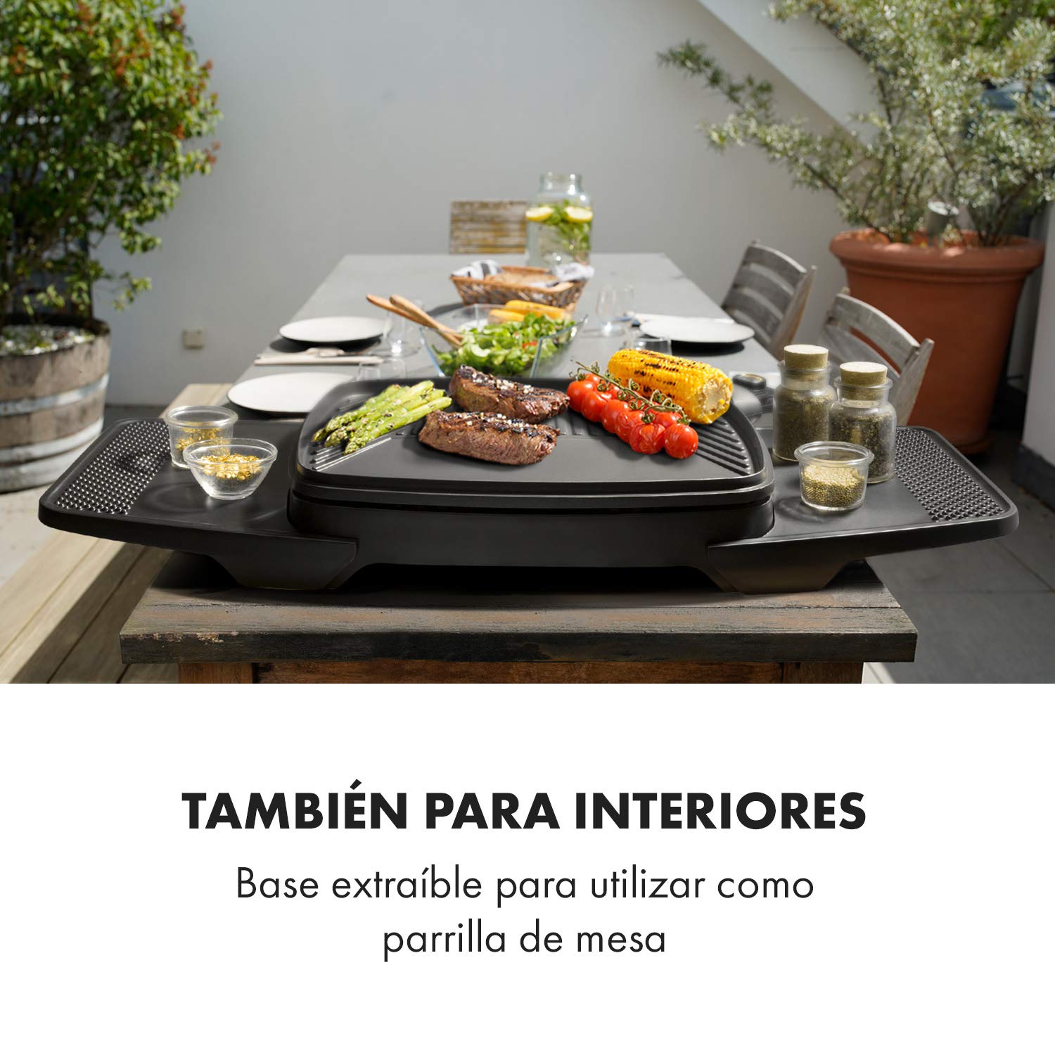 Klarstein Gatsby parrilla eléctrica, parrilla de pie y de mesa, 2000 W, EasyGrill Concept, superficie 40 x 36 cm, aluminio fundido a presión, antiadherente, campana, dos mesas laterales, beige/negro
