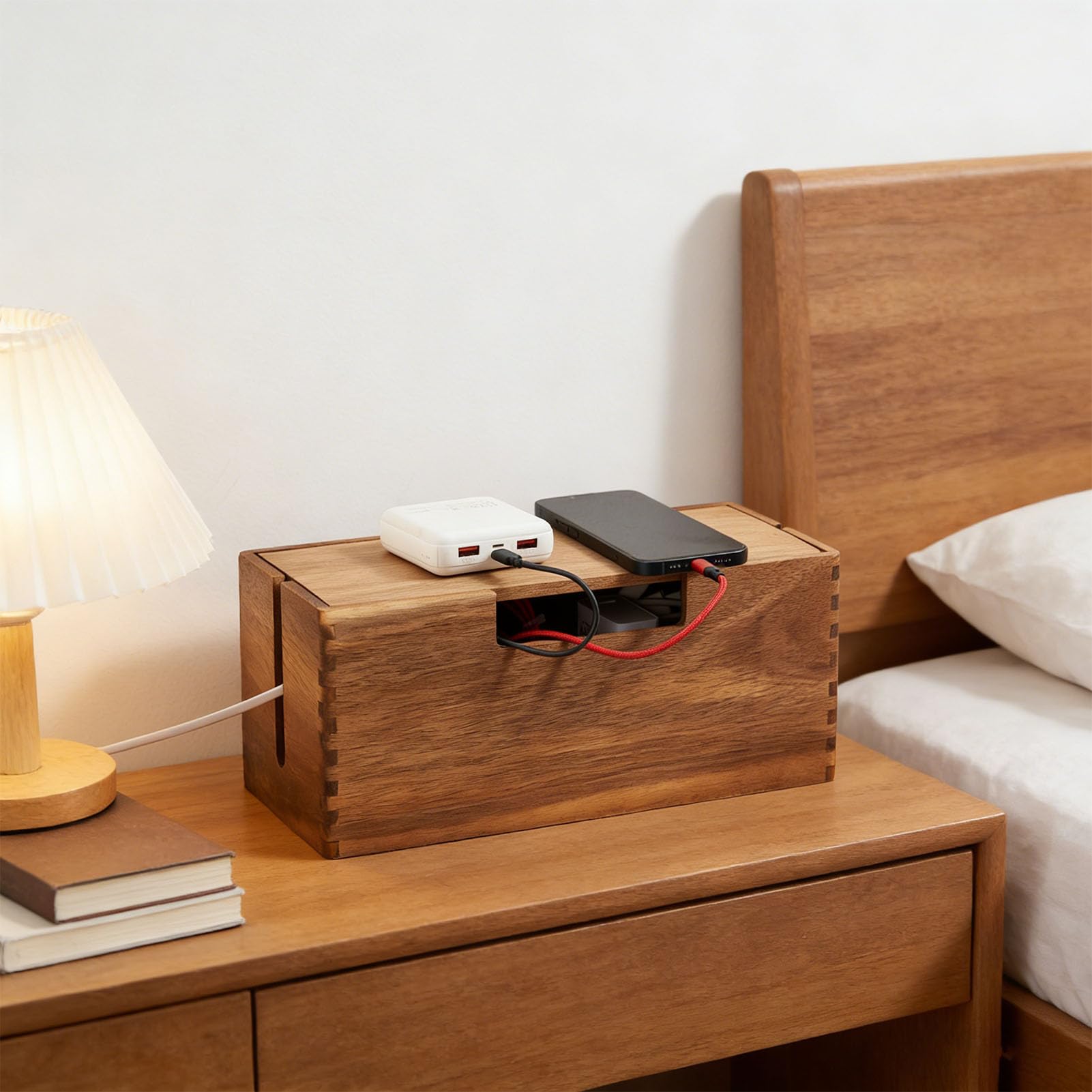 Naroote Scatola Gestione Cavi, Organizer Spegnicavo in Legno, Organizer per Cavi da Scrivania con Design a Venature del Legno, Ideale per TV Multiprese, Ufficio, Casa e Studio