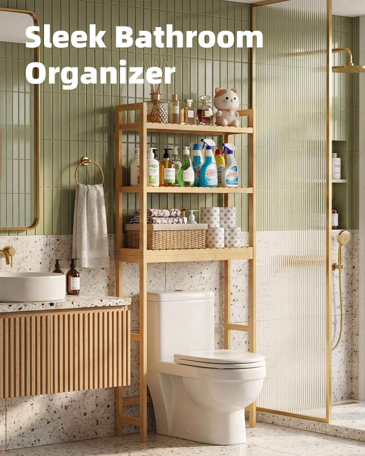 SMIBUY Salle de Bains étagère de Rangement, Bamboo Over-The-Toilet Organisateur Rack, Toilettes autoportant Space Saver avec 3 Niveaux clayettes (Naturel)